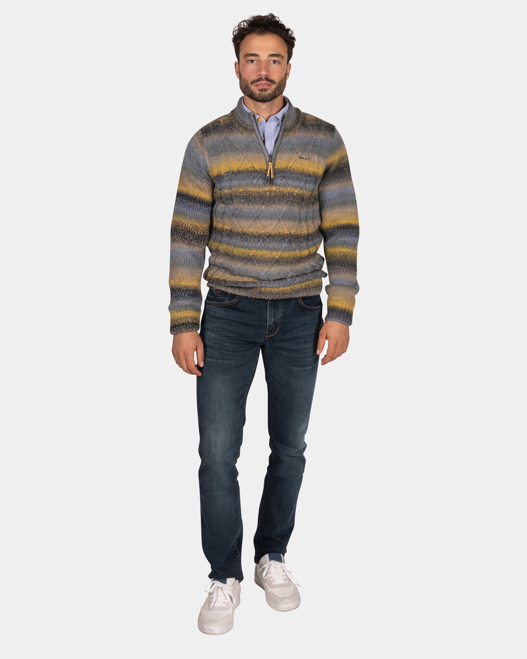 Structured knit sweater in blue, yellow, and black - Chestnut Structured knit sweater in blue, yellow, and black - Chestnut