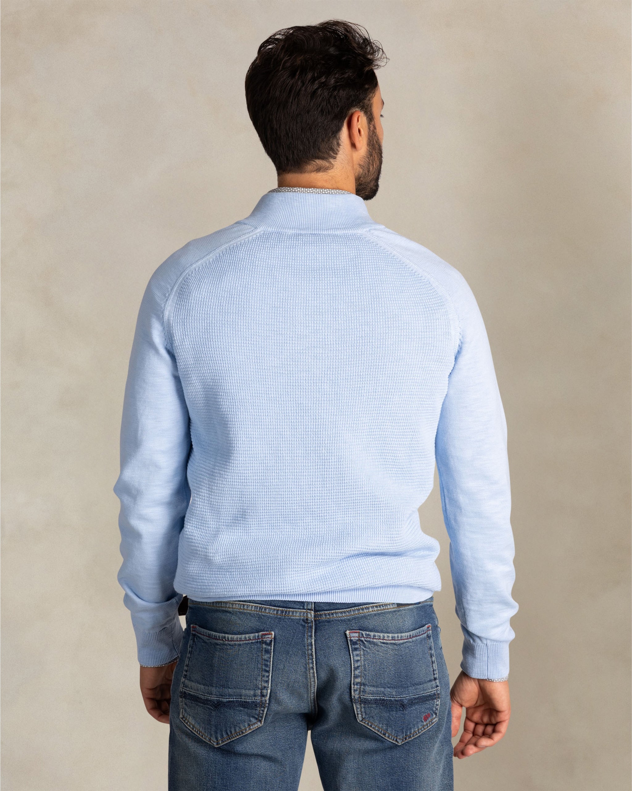 Blauwe katoenen half zip trui Blauwe katoenen half zip trui