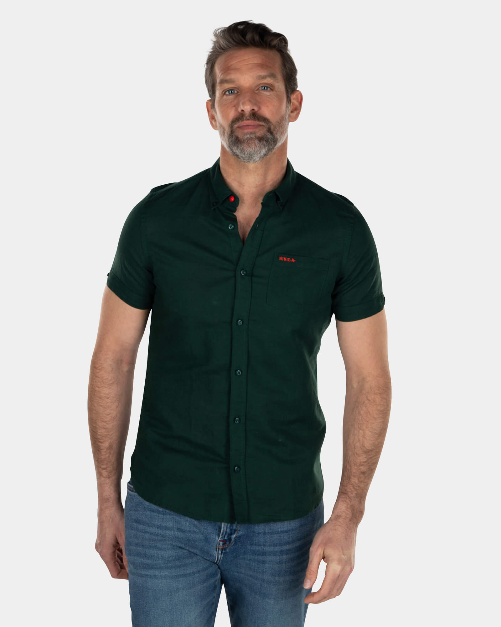 Solid coloured linen shirt short sleeves - Dark Pine Solid coloured linen shirt short sleeves - Dark Pine