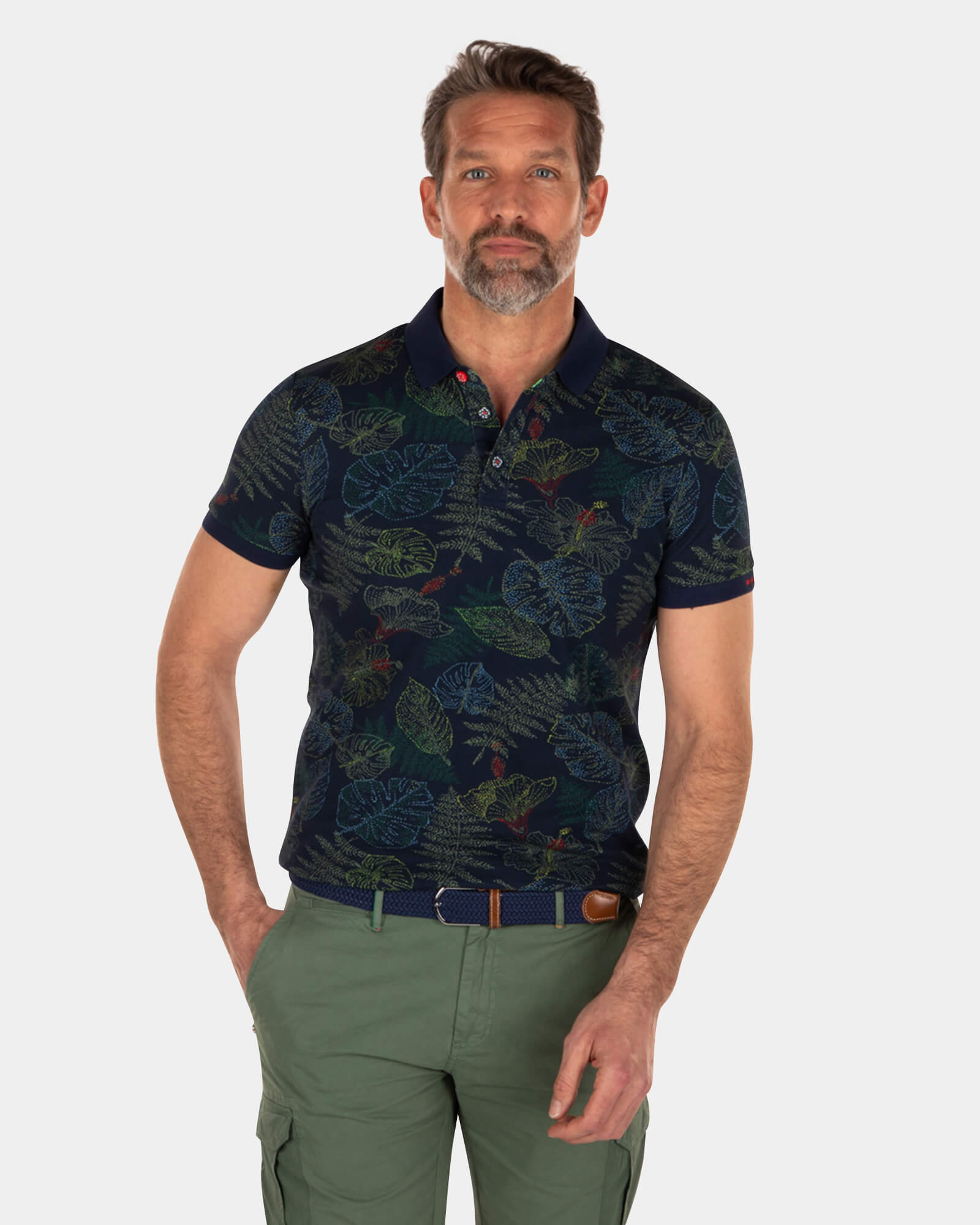 Navy leaf printed polo shirt - Key Navy Navy leaf printed polo shirt - Key Navy
