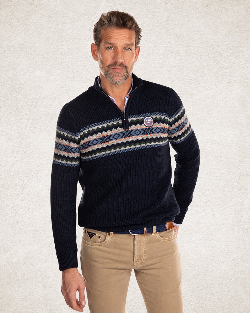 Gestrickter Pullover mit halbem Reißverschluss - Pitch Navy Gestrickter Pullover mit halbem Reißverschluss - Pitch Navy