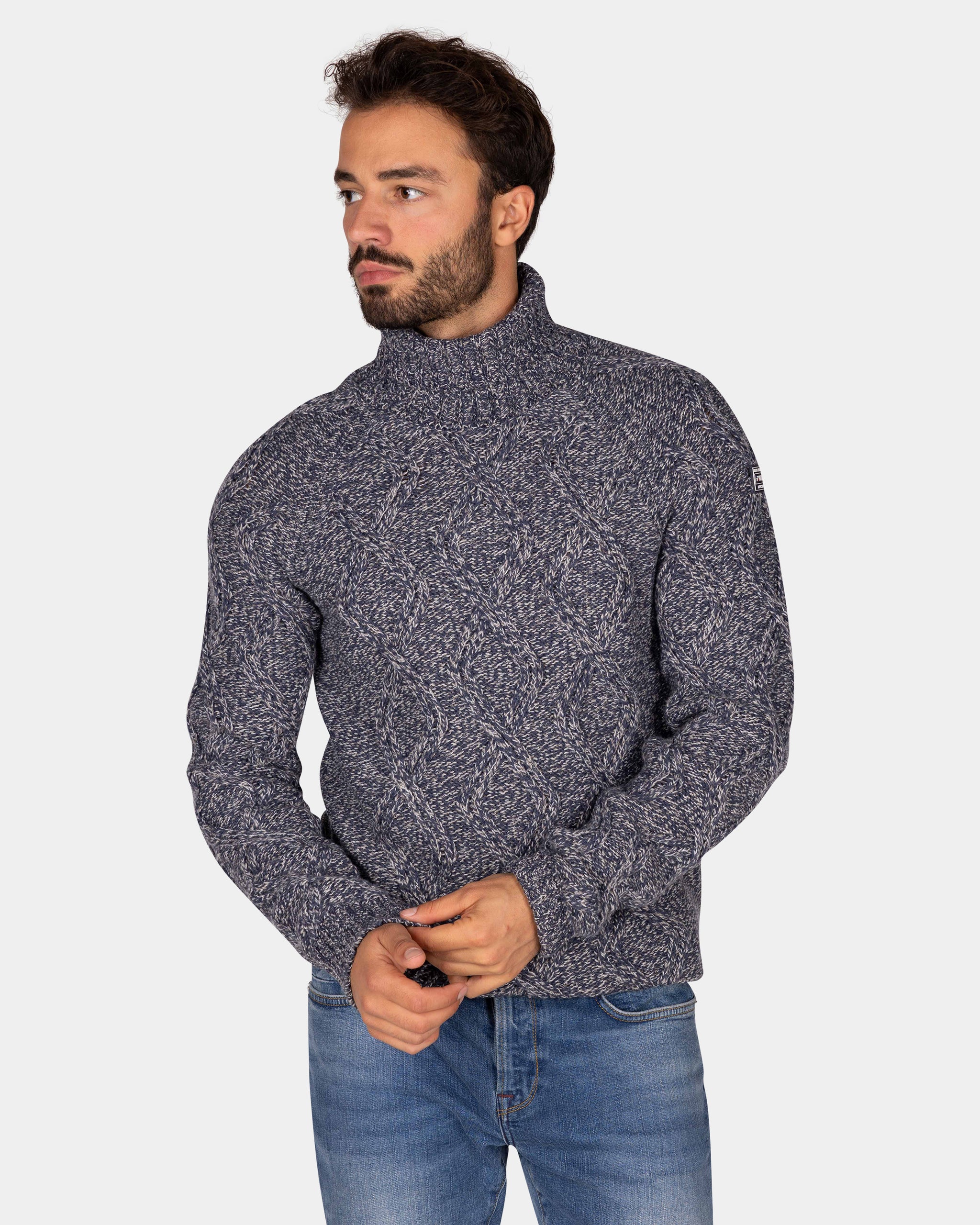 Blue wool cable knit turtleneck sweater - Tin Blue Blue wool cable knit turtleneck sweater - Tin Blue