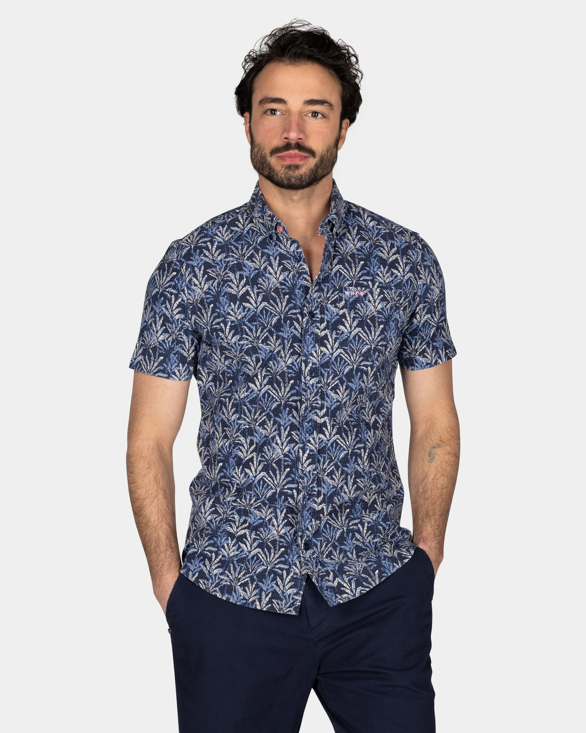 Dark Blue Shirt with Floral Print and Short Sleeves Dark Blue Shirt with Floral Print and Short Sleeves