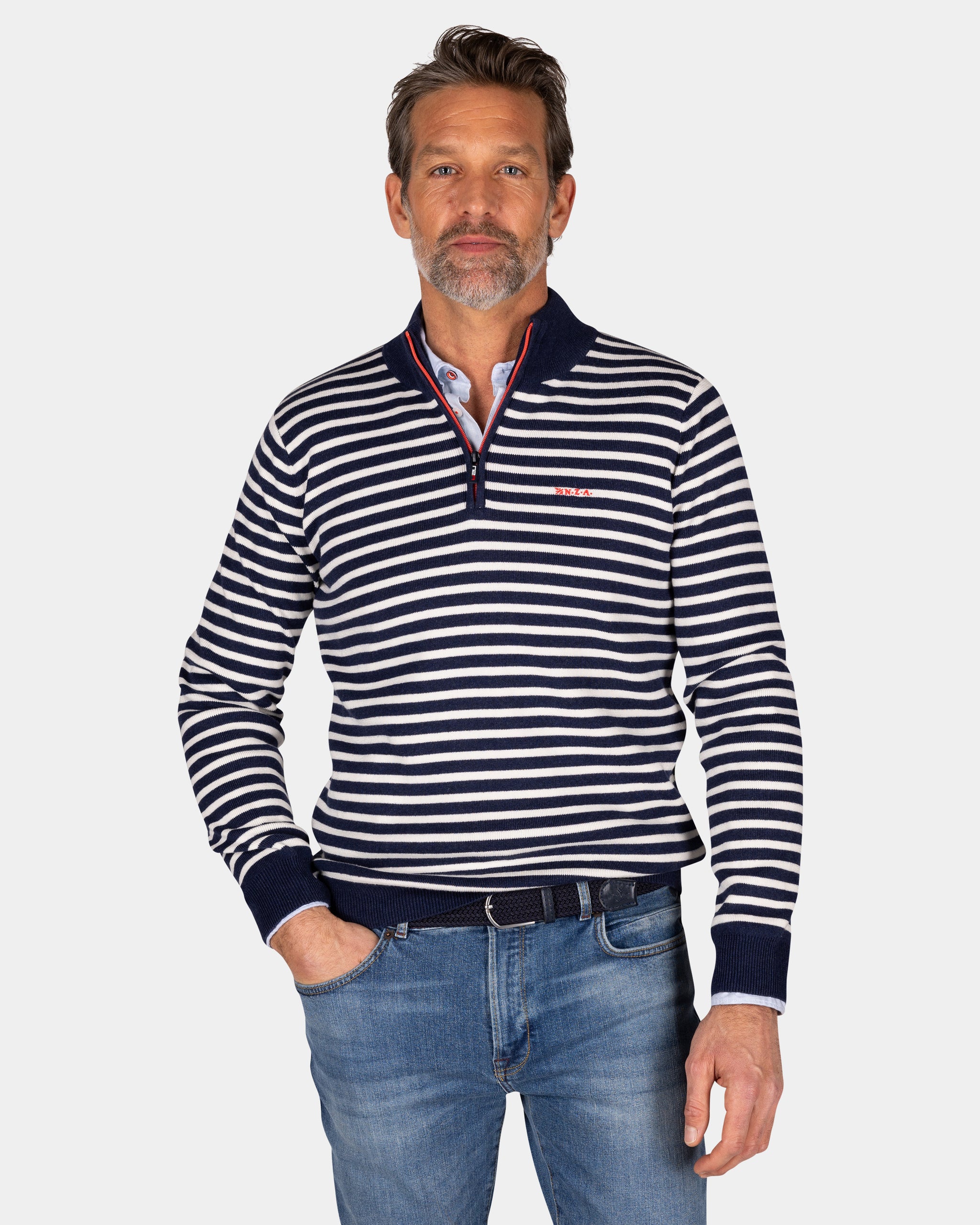 Navy striped pullover with half zip Navy striped pullover with half zip