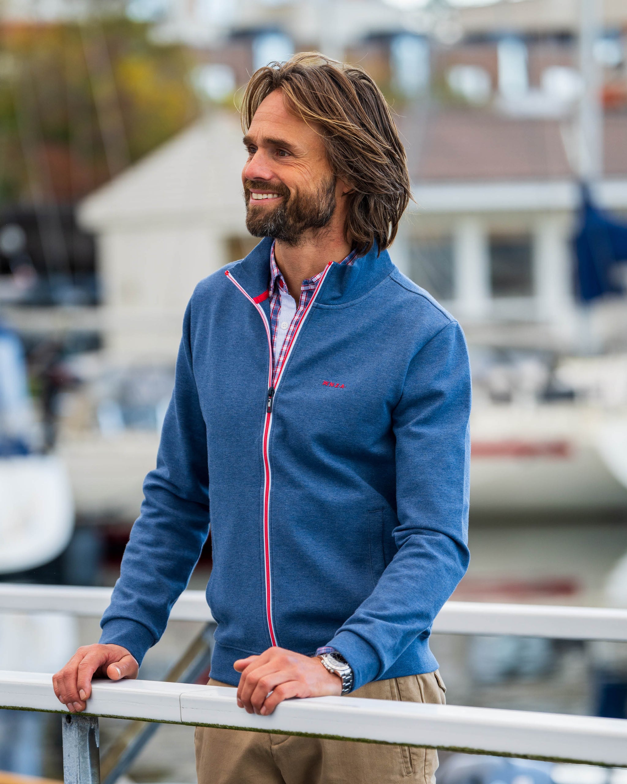 Blauwe katoenen full zip stretch Blauwe katoenen full zip stretch