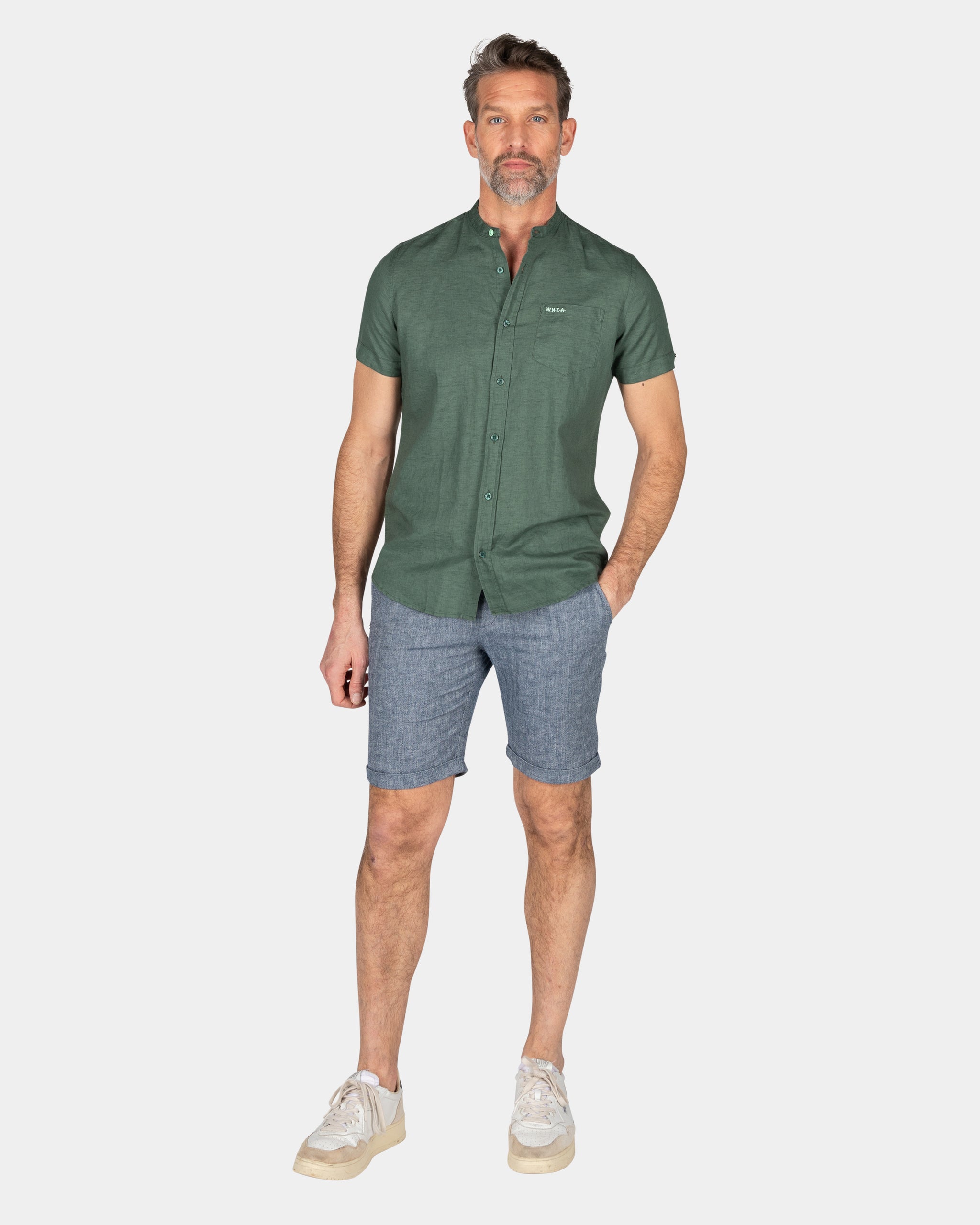 Overhemd zonder kraag met korte mouw - Chalk Green Overhemd zonder kraag met korte mouw - Chalk Green