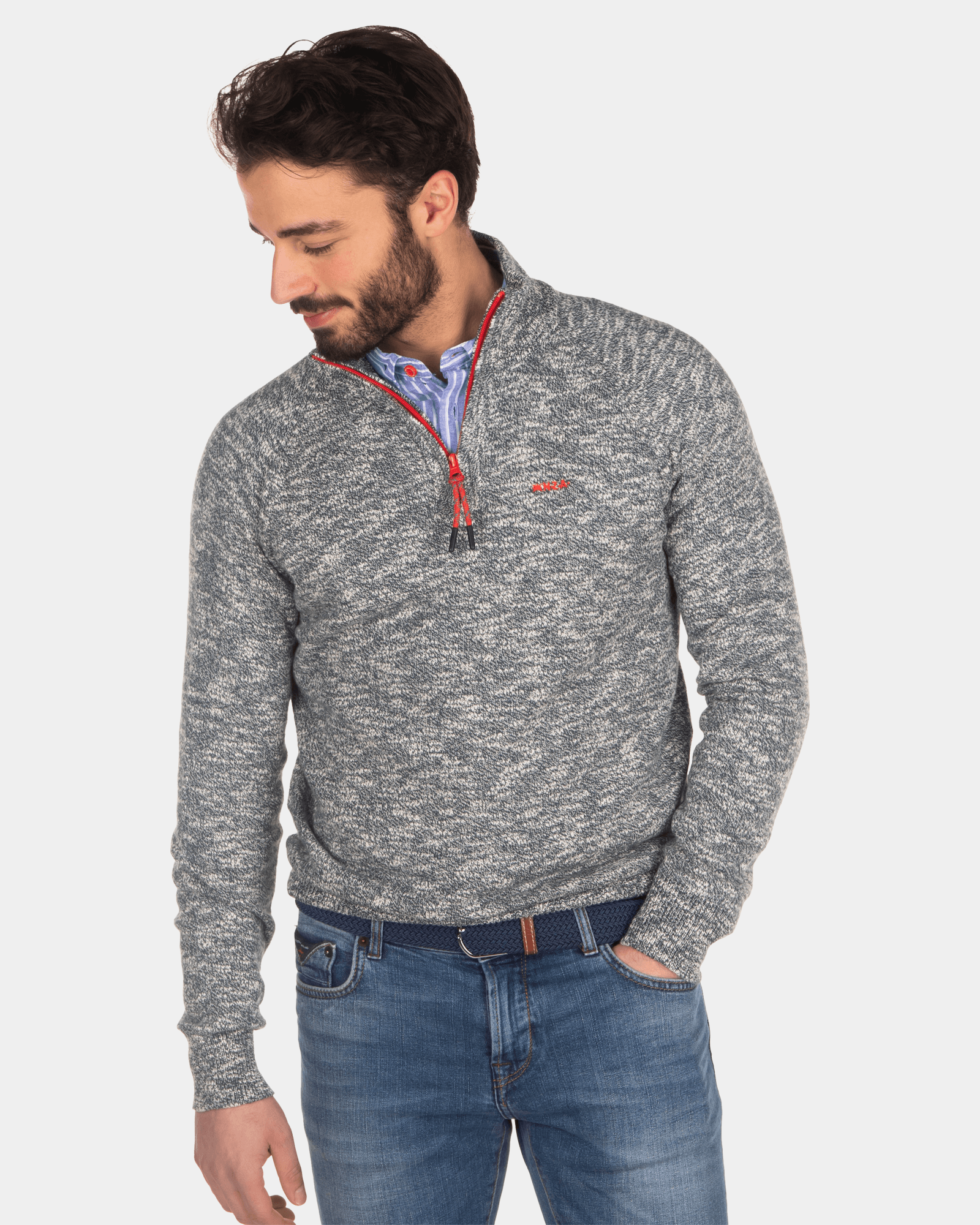 Effen trui met halve rits - Green Grey Effen trui met halve rits - Green Grey