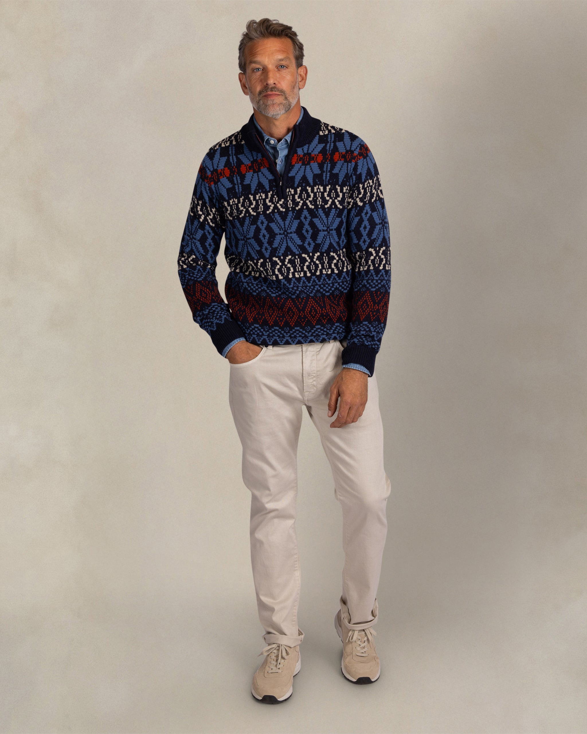 Dark blue wool quarter zip pullover with print Dark blue wool quarter zip pullover with print