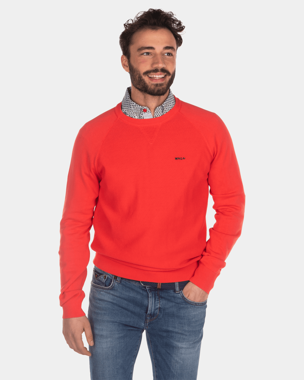Einfarbiger Baumwollpullover mit Rundhalsausschnitt - Orange Red