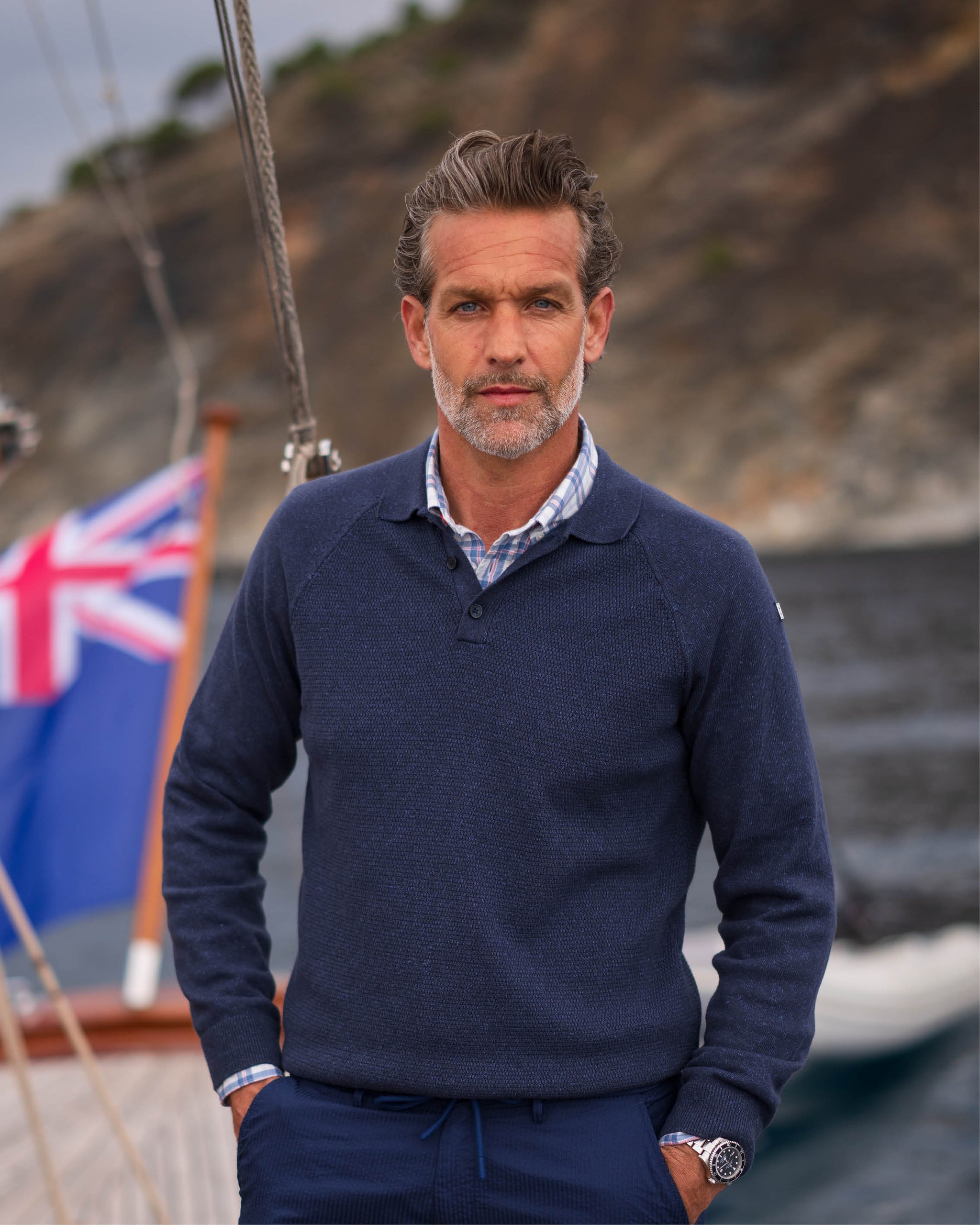 Blauwe katoenen polo shirt lang Blauwe katoenen polo shirt lang