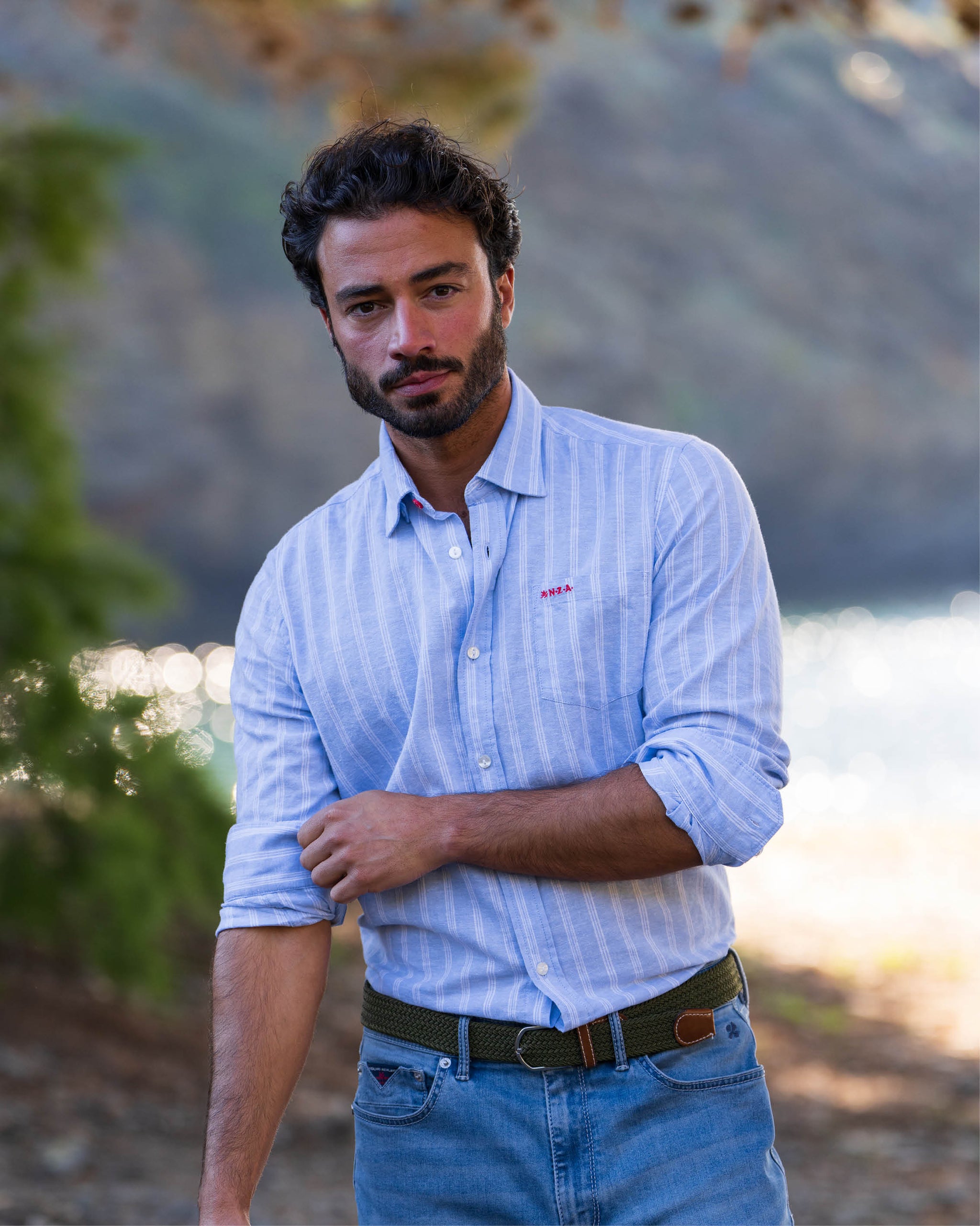 Blauwe linnen mix overhemd Blauwe linnen mix overhemd