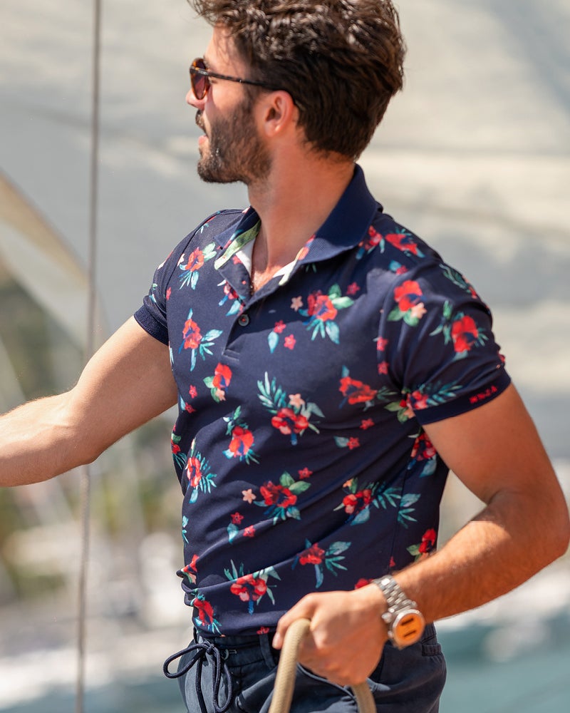 Navy polo met bloemen print - Key Navy Navy polo met bloemen print - Key Navy