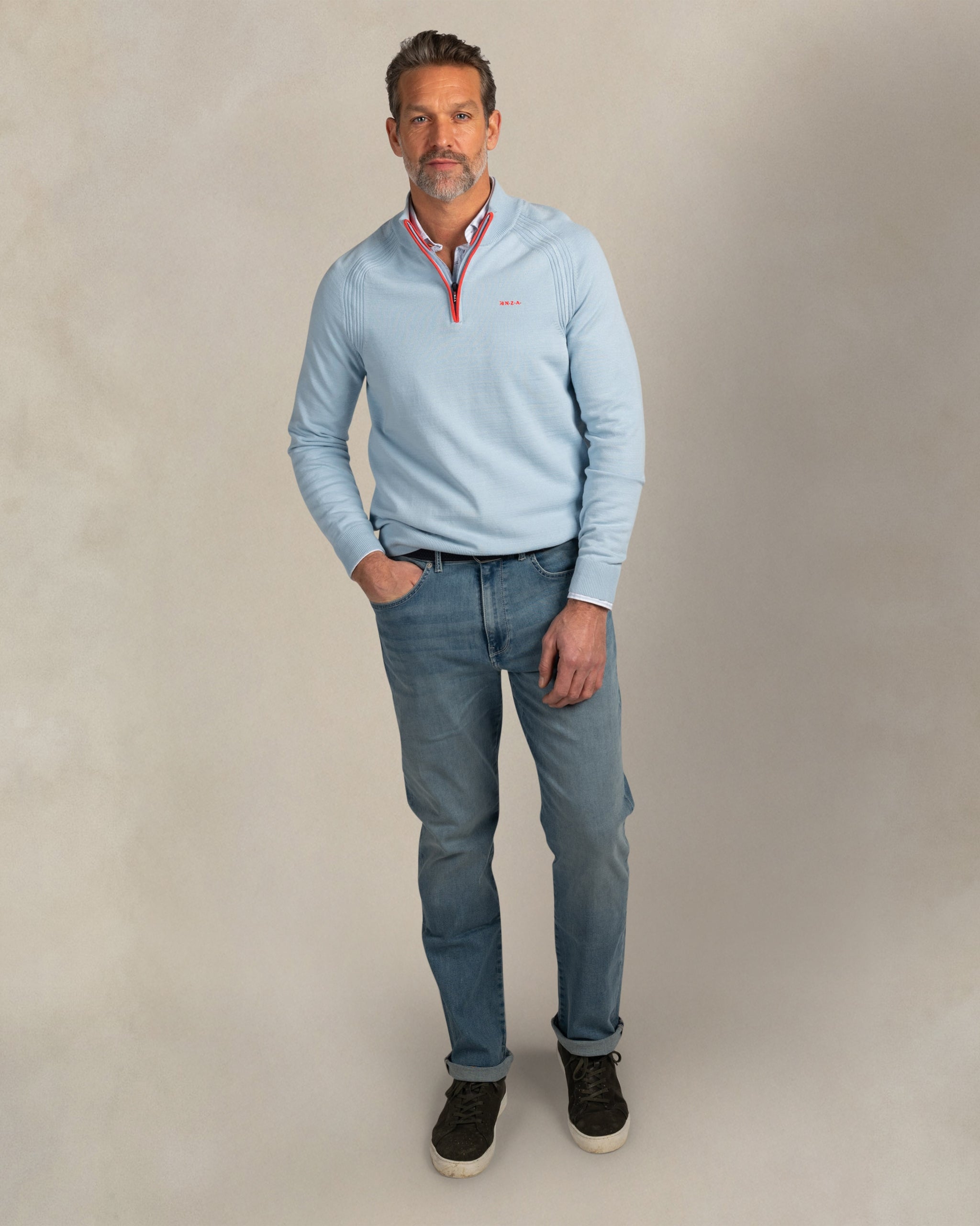 Blauwe katoenen quarter zip trui Blauwe katoenen quarter zip trui