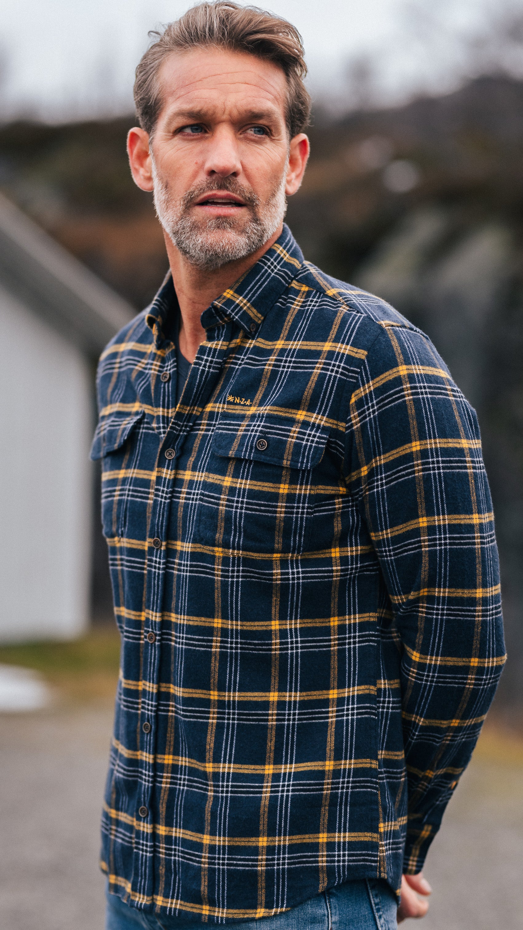 Camisa de franela a cuadros en azul con amarillo - Tin Blue Camisa de franela a cuadros en azul con amarillo - Tin Blue