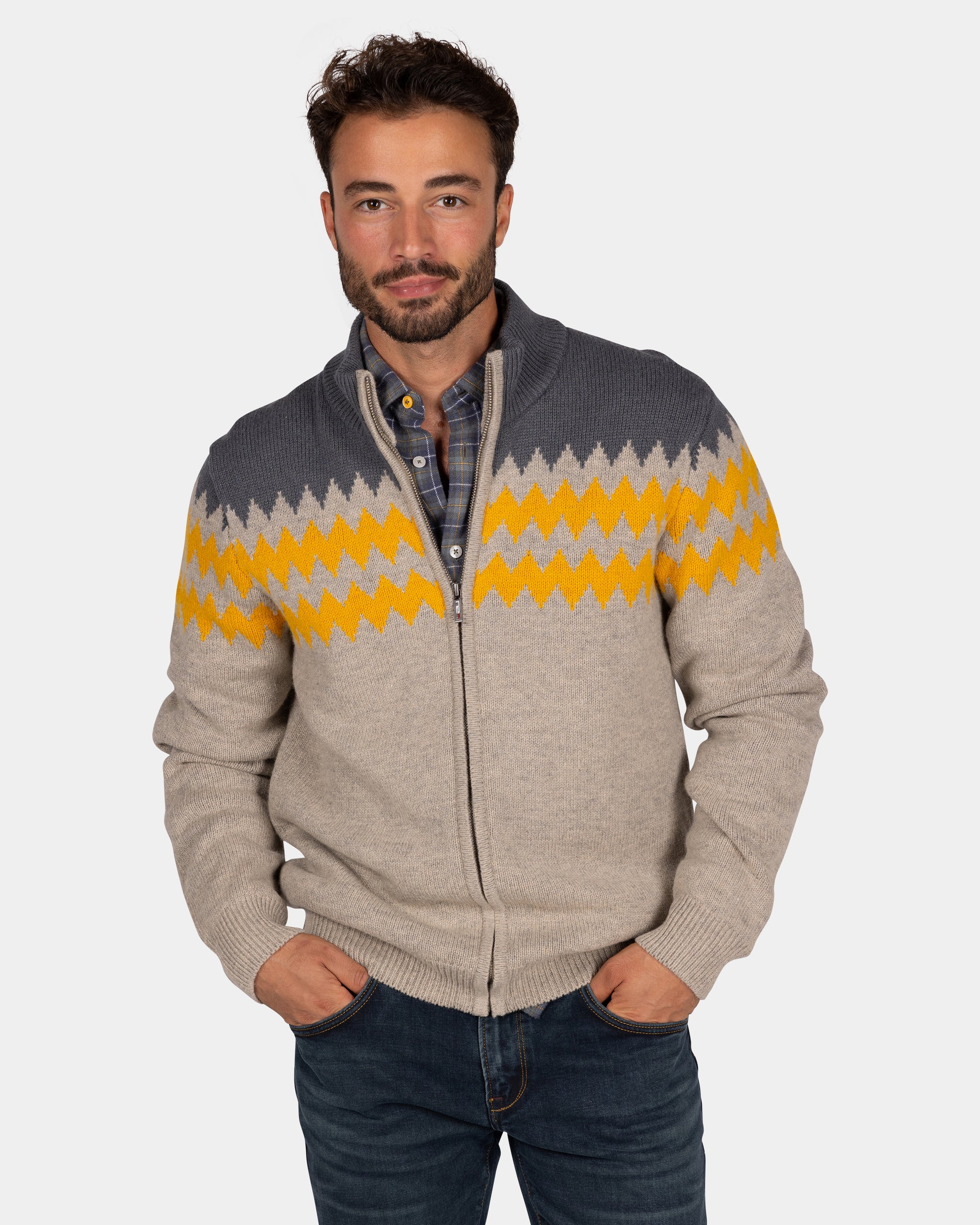 Gray wool cardigan with yellow pattern - Chestnut Gray wool cardigan with yellow pattern - Chestnut