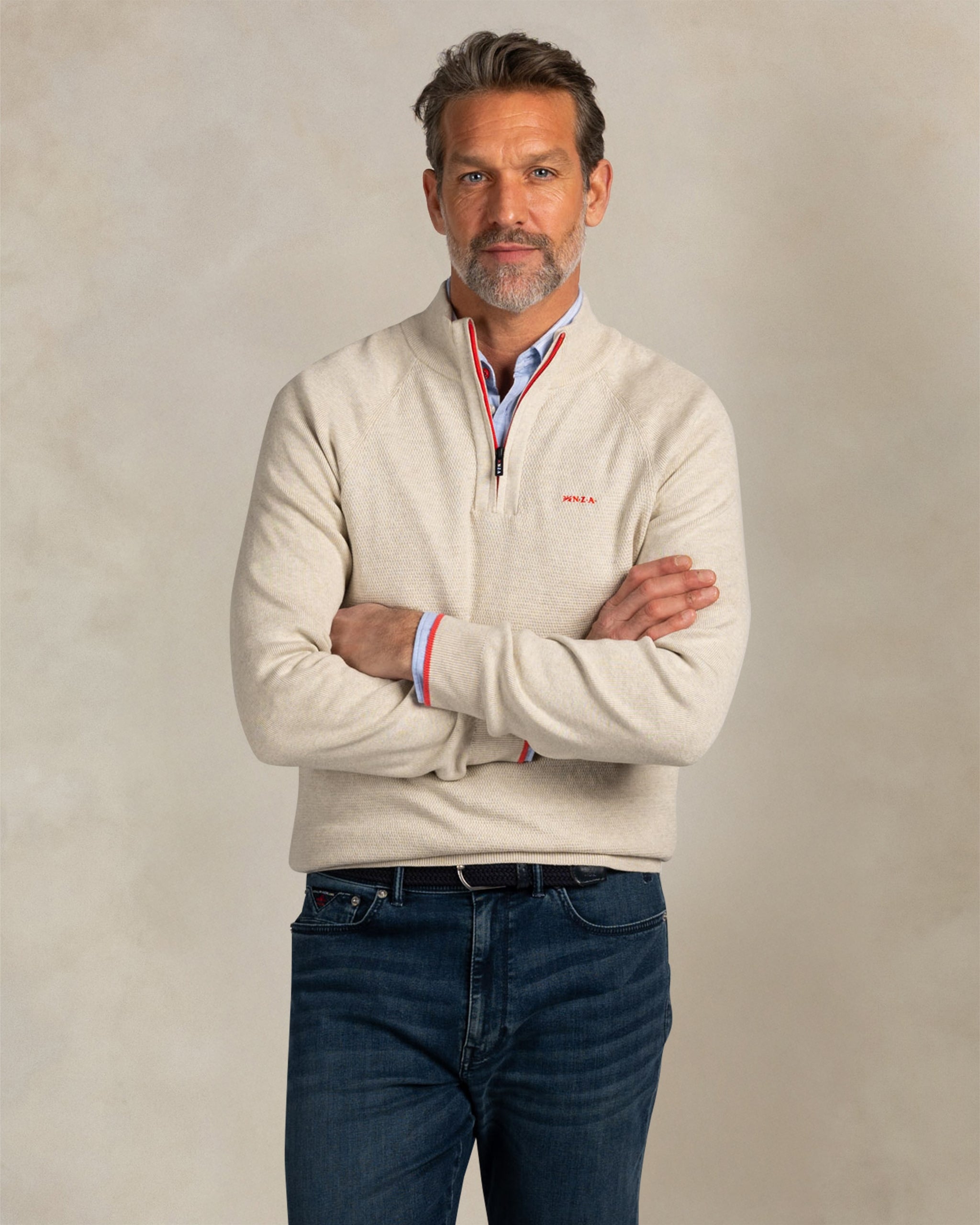 Ecru katoenen quarter zip trui Ecru katoenen quarter zip trui