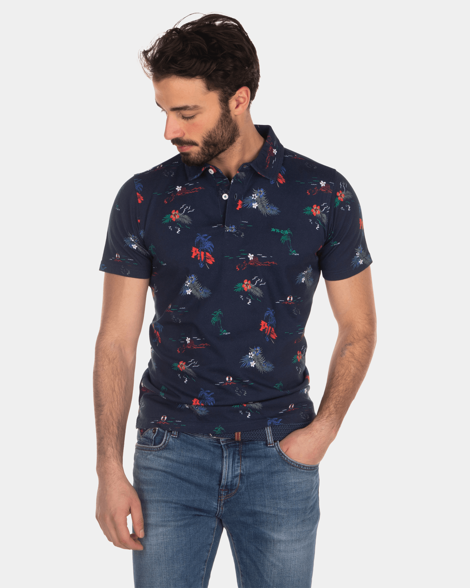 Cotton polo shirt with leaf print dark blue - Industrial Navy Cotton polo shirt with leaf print dark blue - Industrial Navy