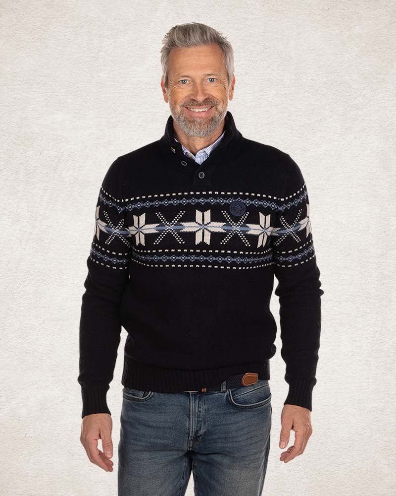 Gebreide trui met halve knoopssluiting - Pitch Navy Gebreide trui met halve knoopssluiting - Pitch Navy