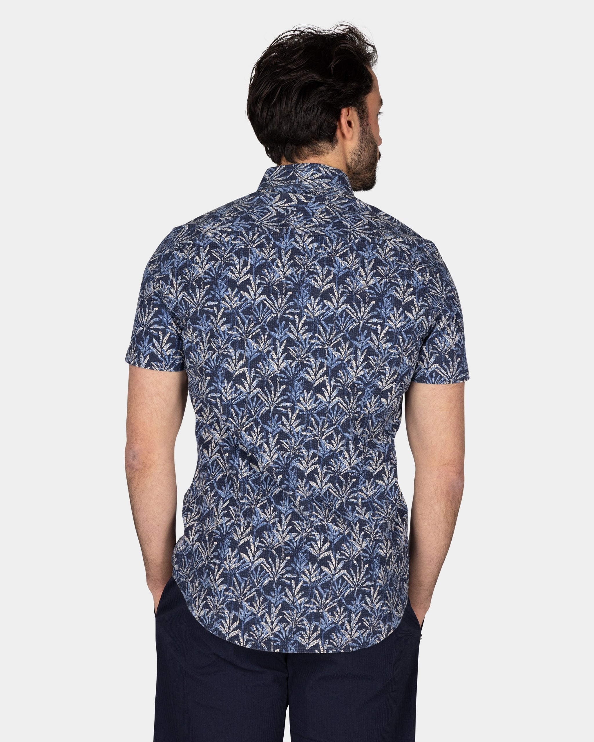 Dark Blue Shirt with Floral Print and Short Sleeves Dark Blue Shirt with Floral Print and Short Sleeves