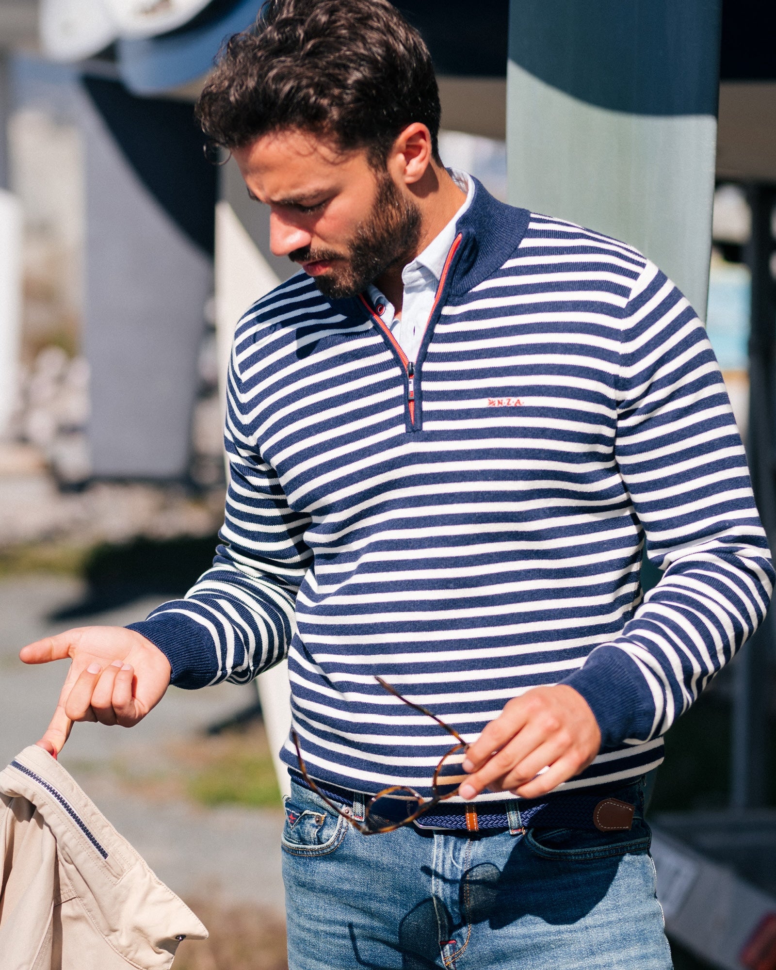 Navy striped pullover with half zip Navy striped pullover with half zip