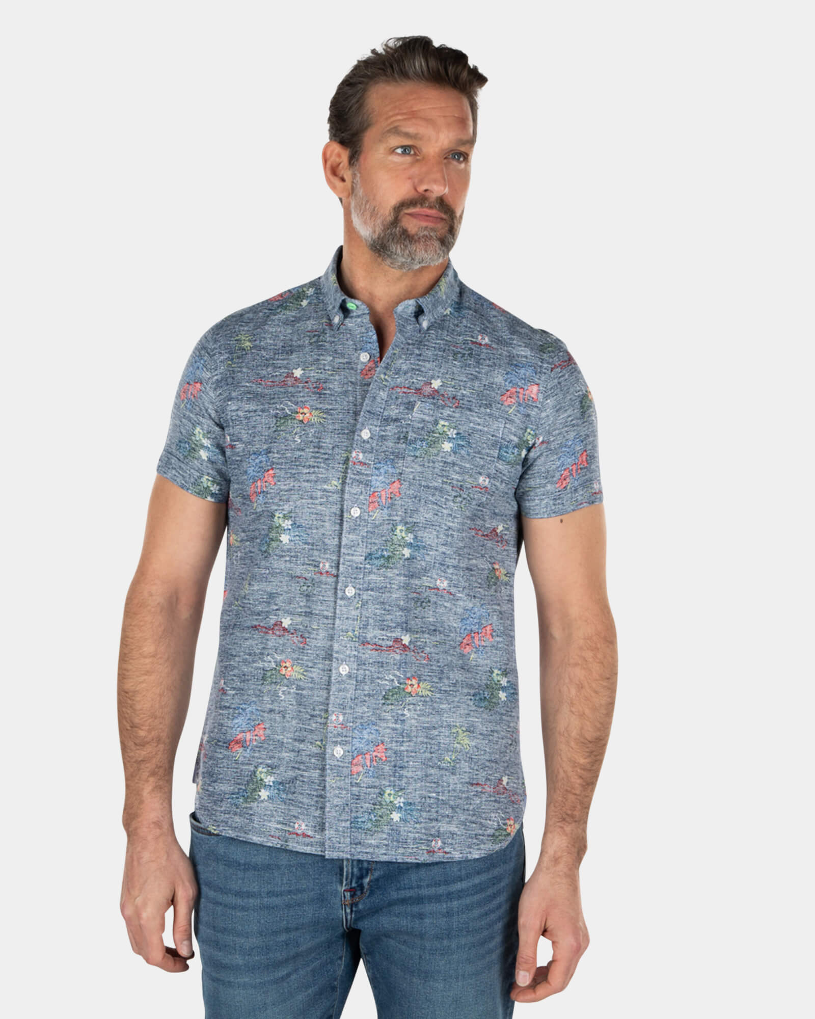 Short sleeved linen cotton shirt with flower print - Key Navy Short sleeved linen cotton shirt with flower print - Key Navy