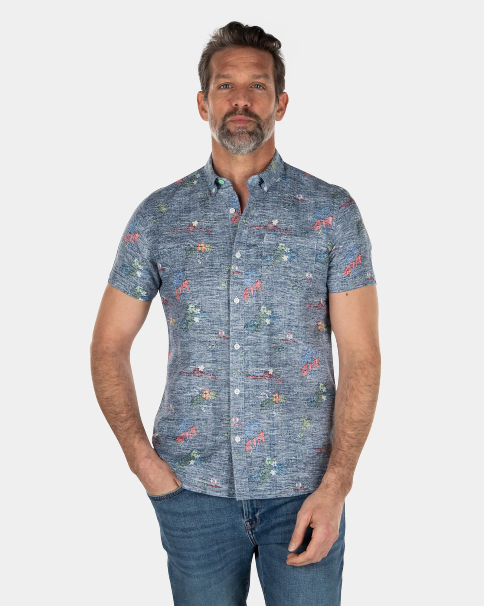Short sleeved linen cotton shirt with flower print - Key Navy Short sleeved linen cotton shirt with flower print - Key Navy