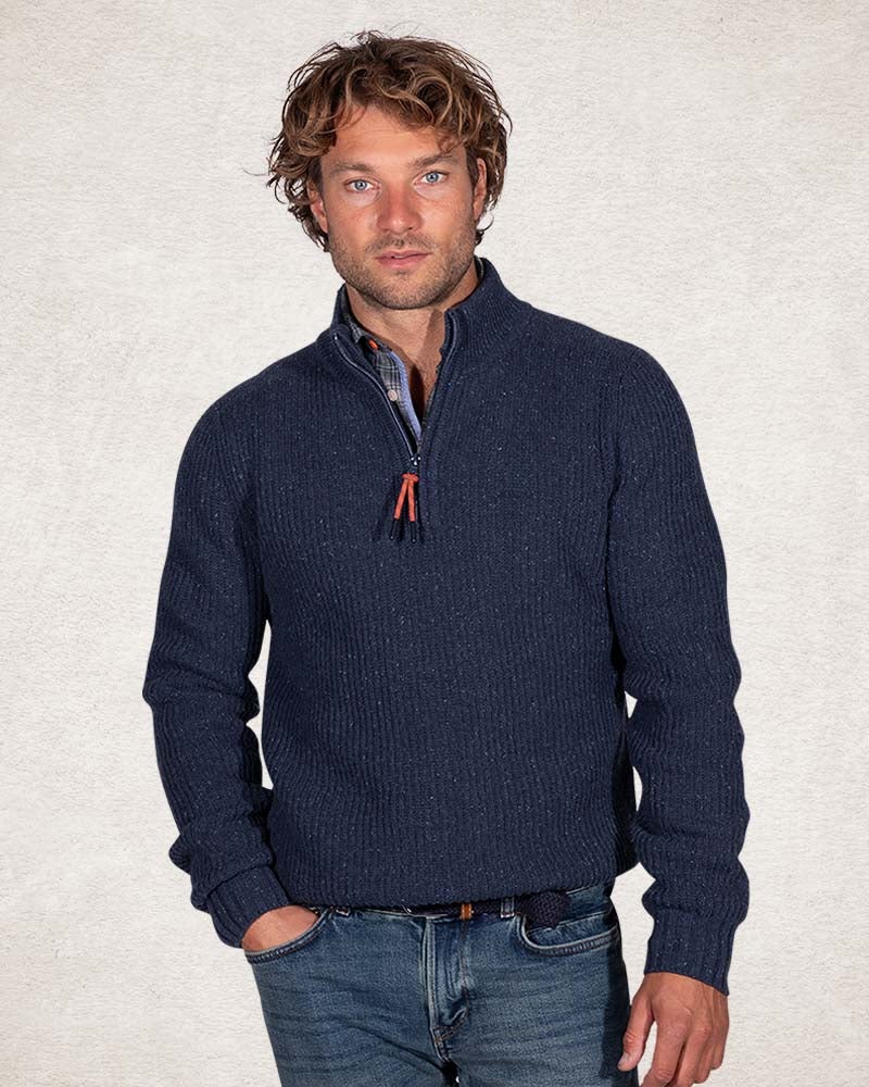 Pullover mit halbem Reißverschluss aus Wolle und Baumwolle - Trent Petrol