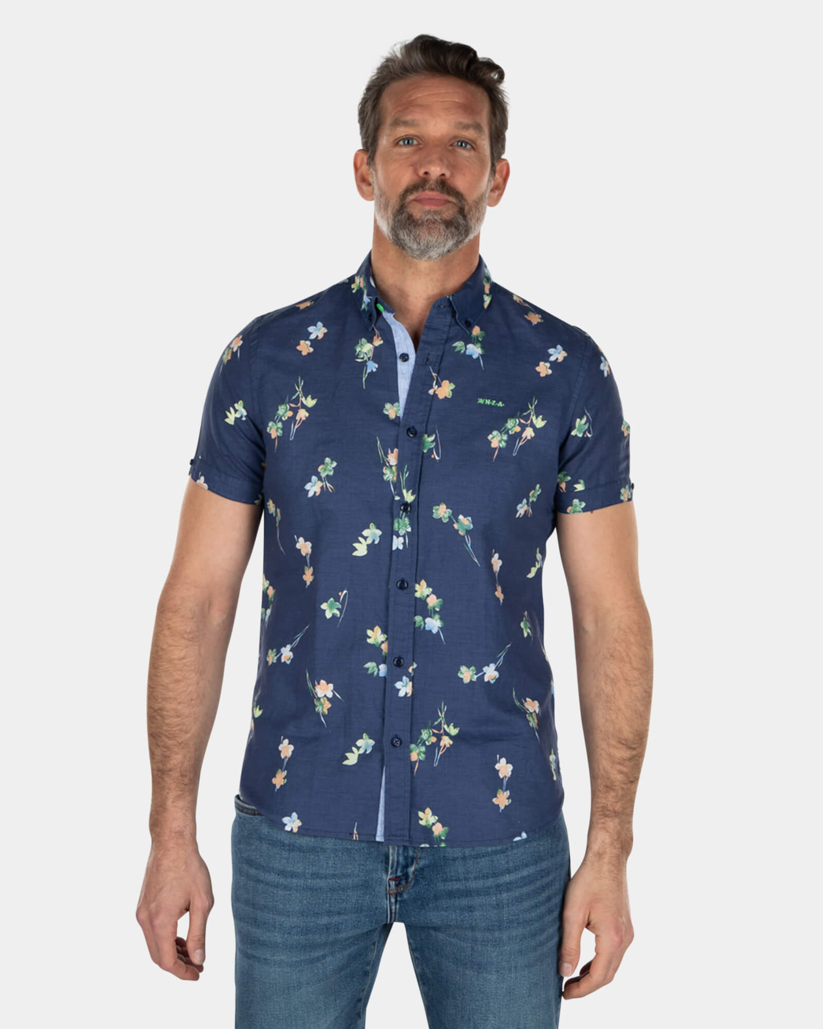 Short sleeved linen cotton shirt with flower print - Key Navy Short sleeved linen cotton shirt with flower print - Key Navy