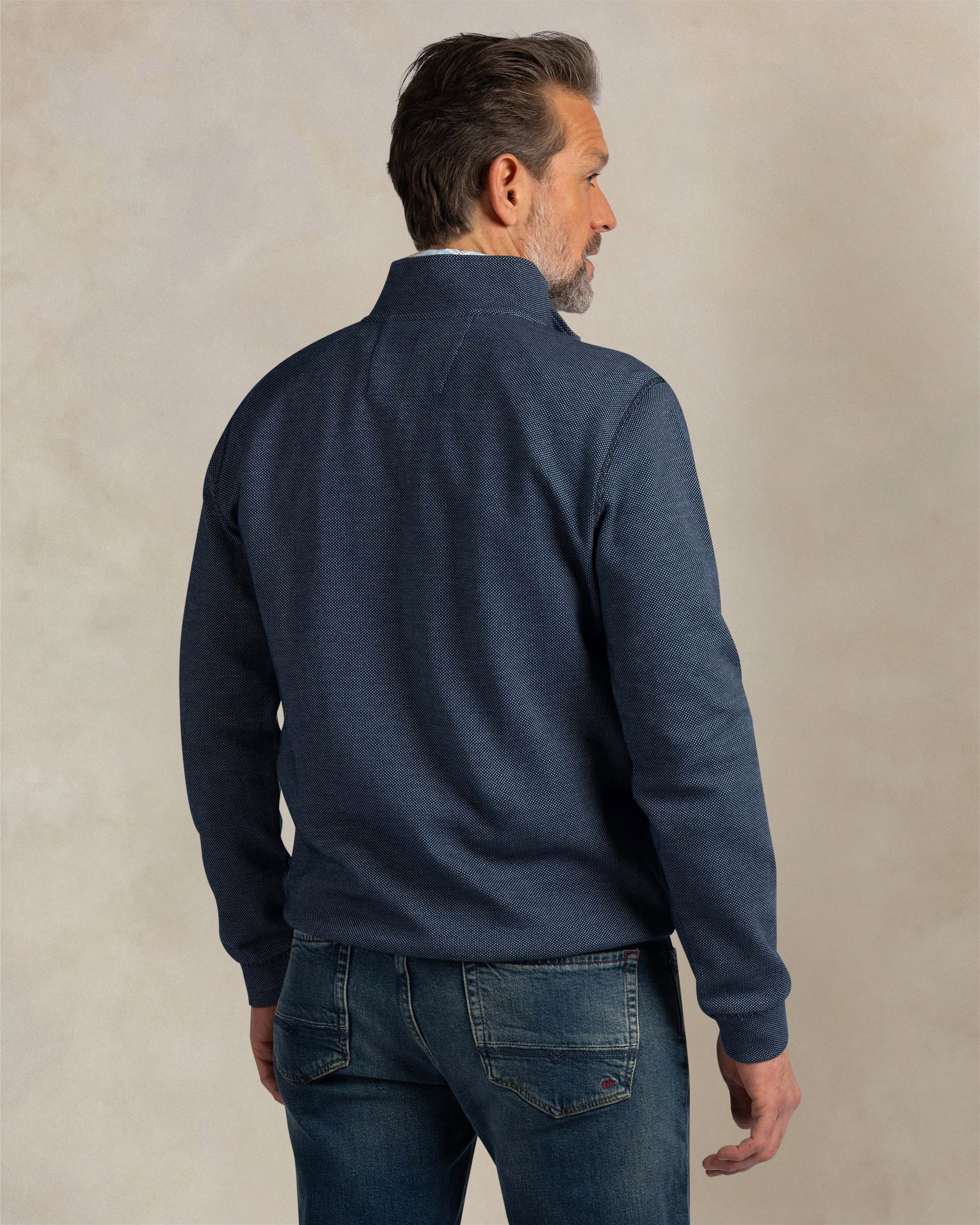 Blauwe katoenen quarter zip sweater Blauwe katoenen quarter zip sweater