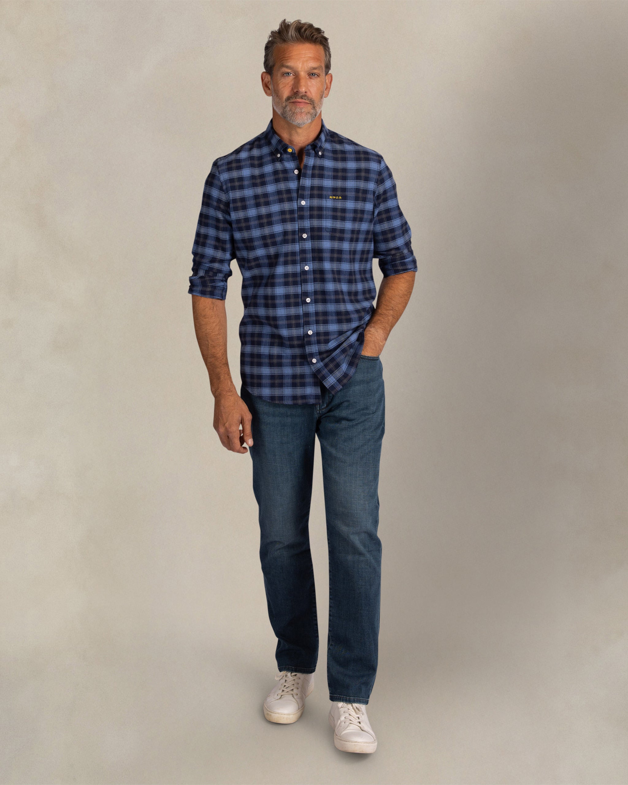 Blauw geruit flanellen stretch overhemd Blauw geruit flanellen stretch overhemd