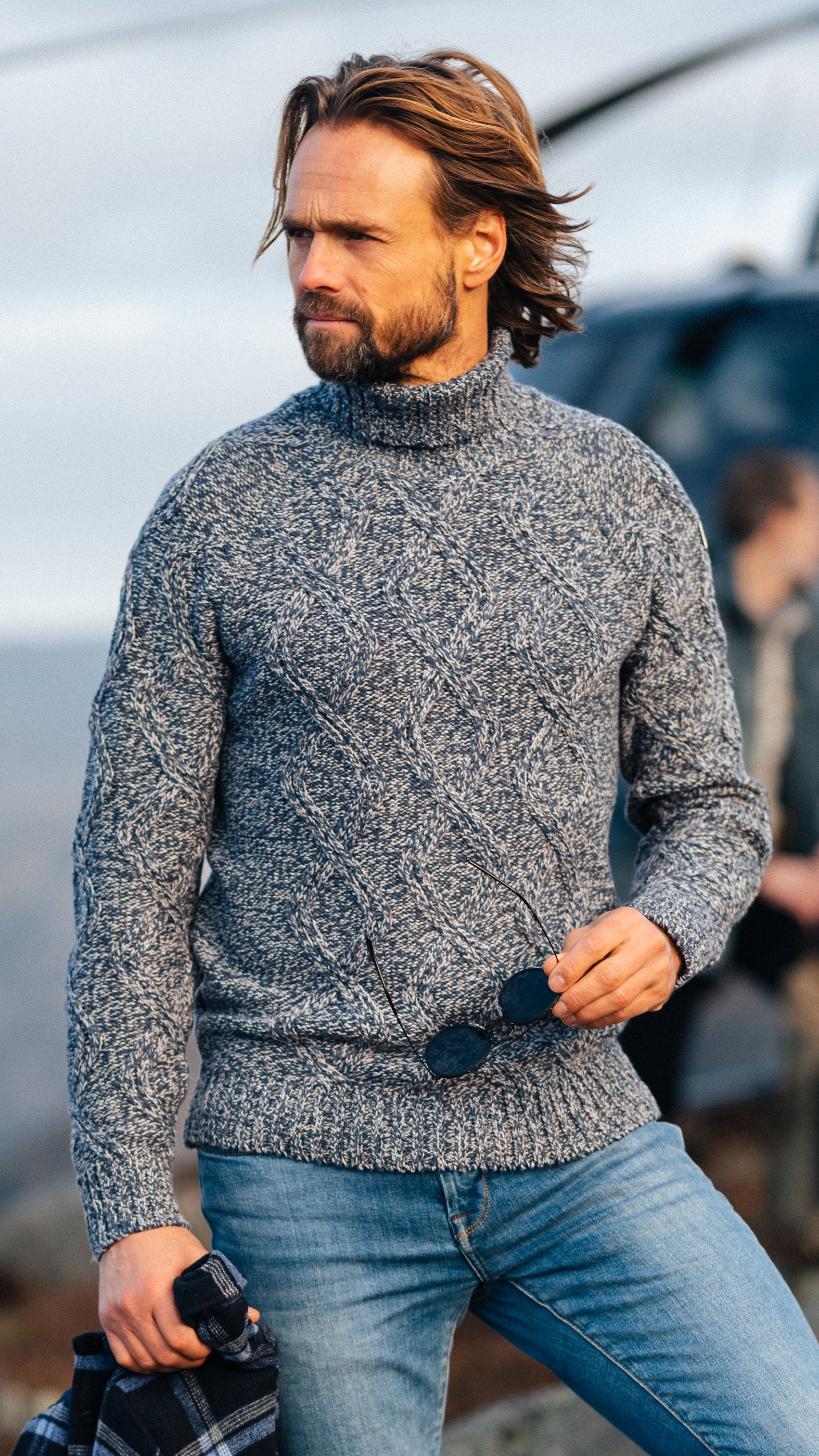 Blue wool cable knit turtleneck sweater - Tin Blue Blue wool cable knit turtleneck sweater - Tin Blue