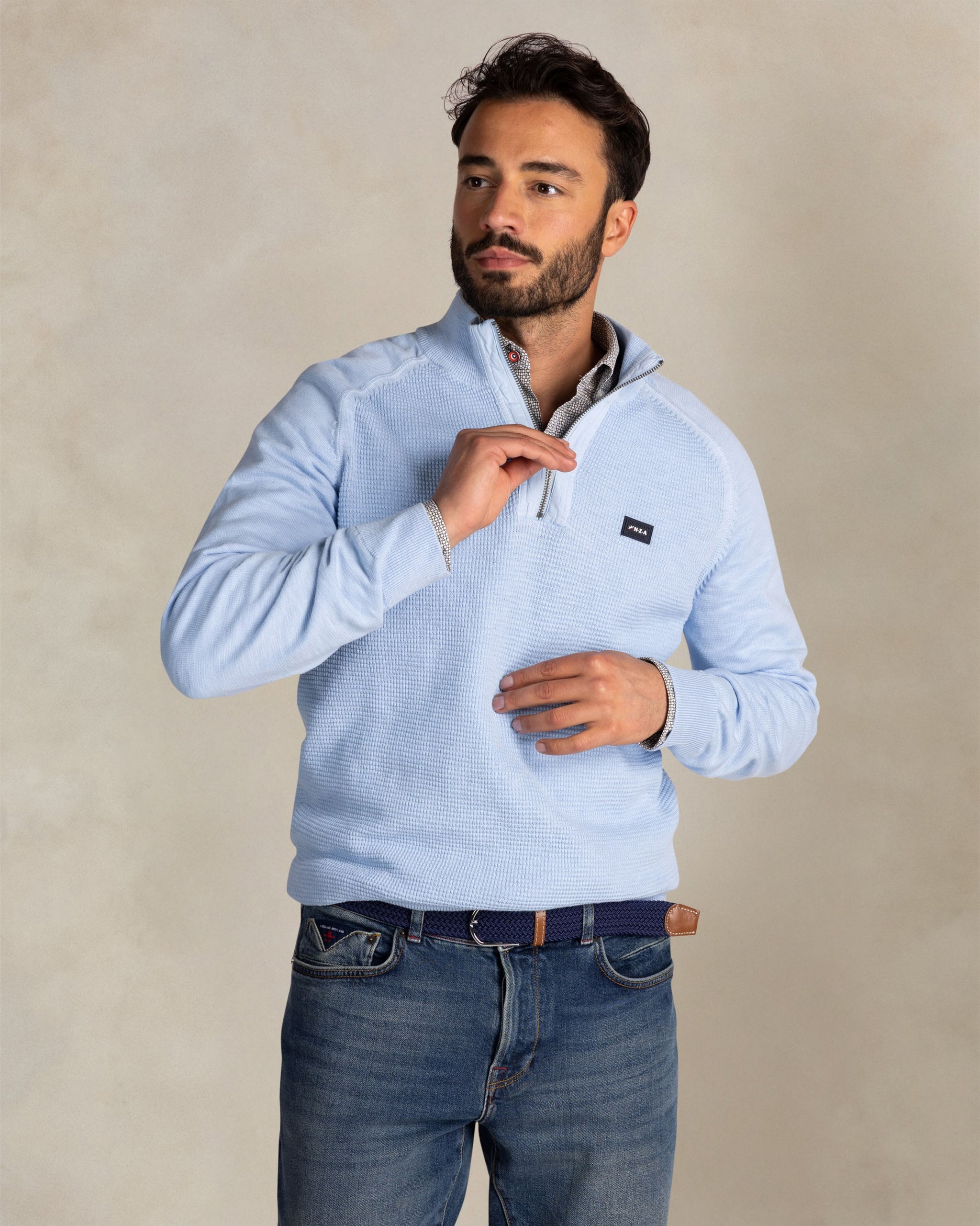 Blauwe katoenen half zip trui Blauwe katoenen half zip trui