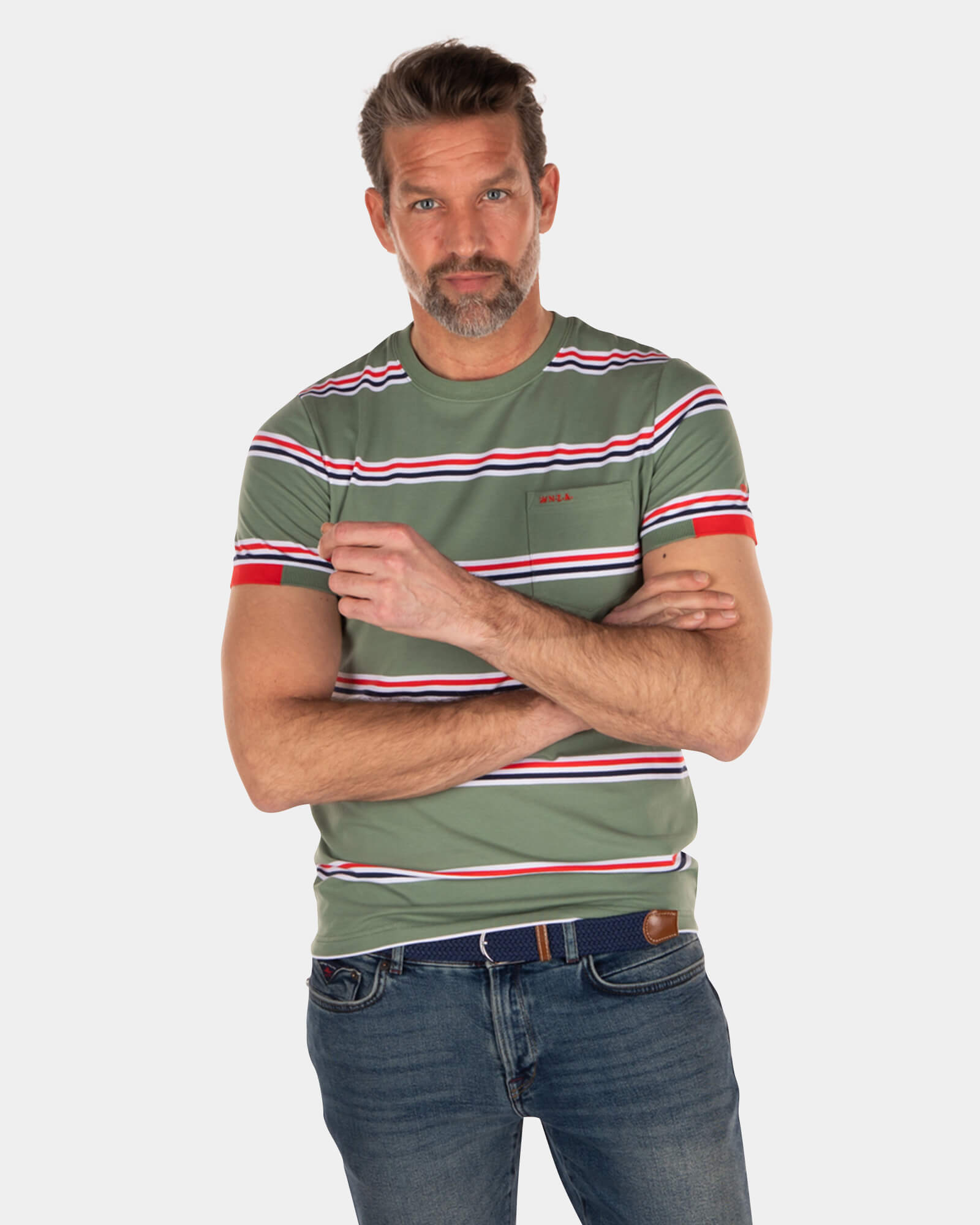 Katoenen stretch t-shirt met strepen groen rood blauw wit - Active Army Katoenen stretch t-shirt met strepen groen rood blauw wit - Active Army