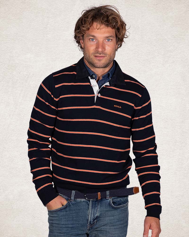Navy rugby shirt with orange stripes - Pitch Navy