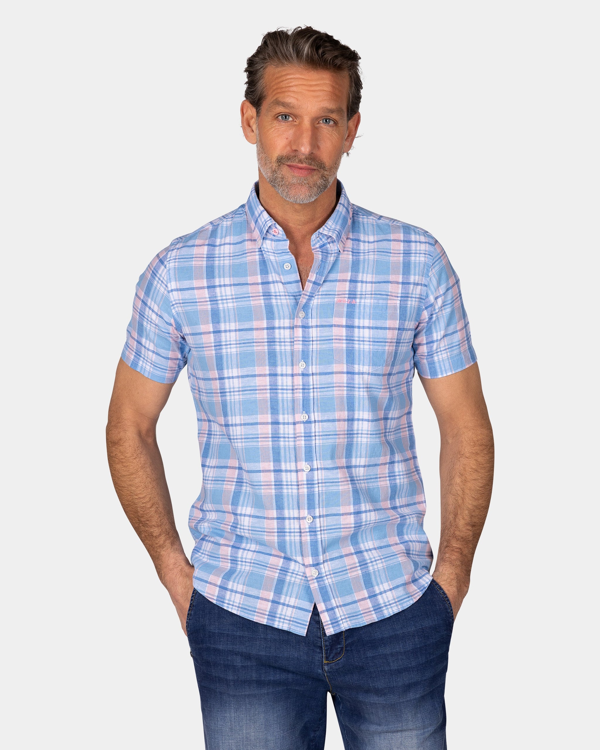 Blauw wit oranje geruit overhemd met korte mouw Blauw wit oranje geruit overhemd met korte mouw