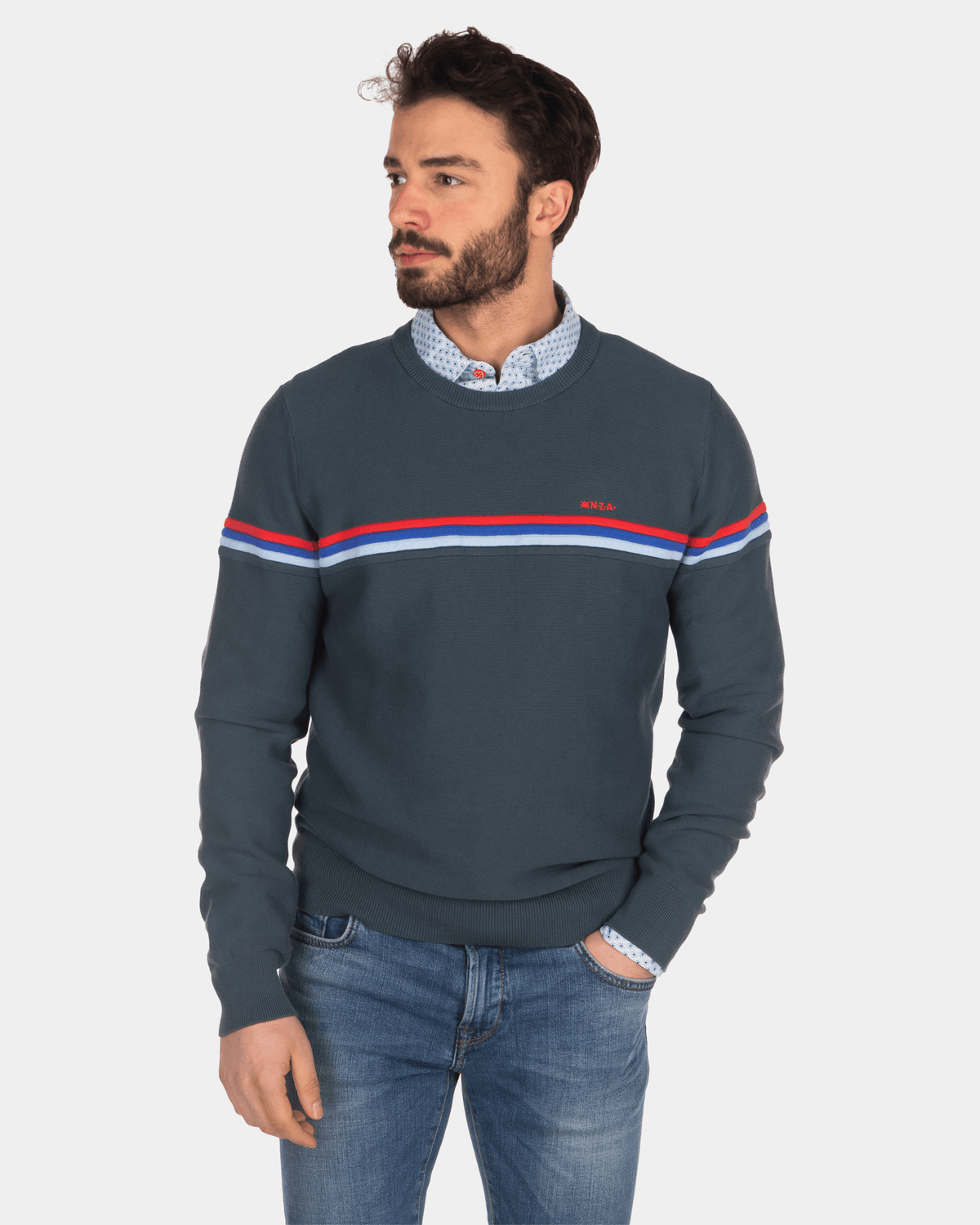 Pull col rond et rayures - Green Grey