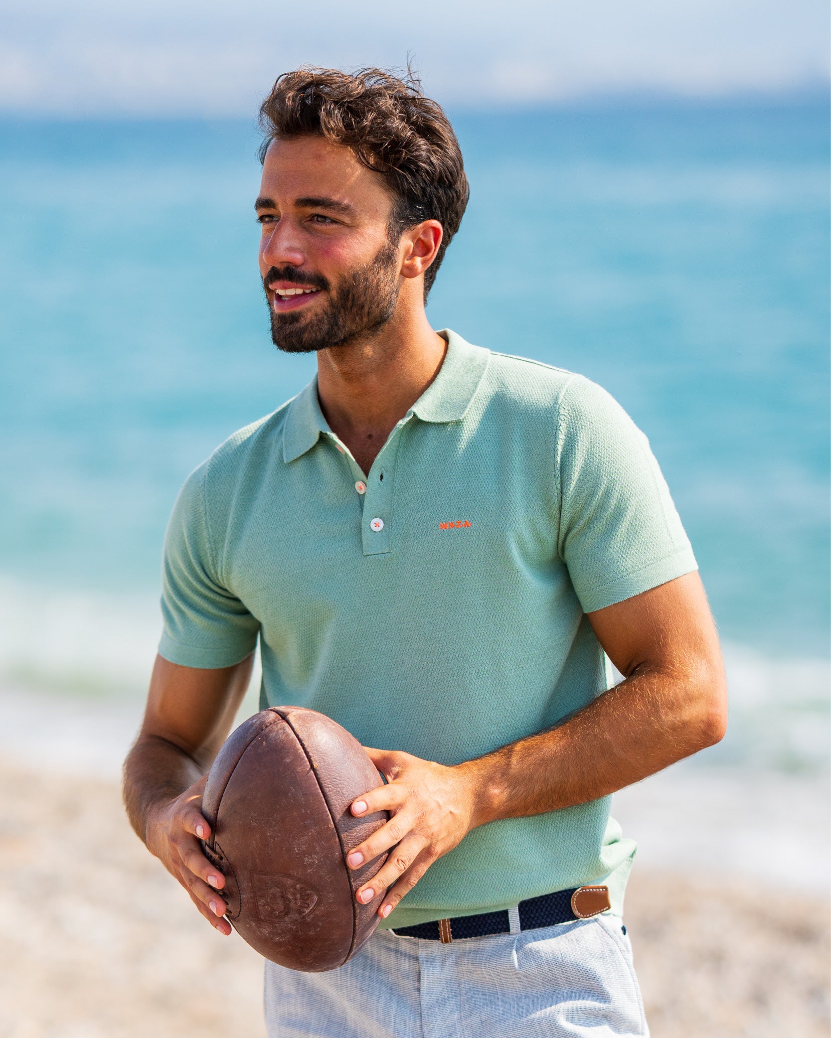 Groene gebreide polo katoen linnen Groene gebreide polo katoen linnen