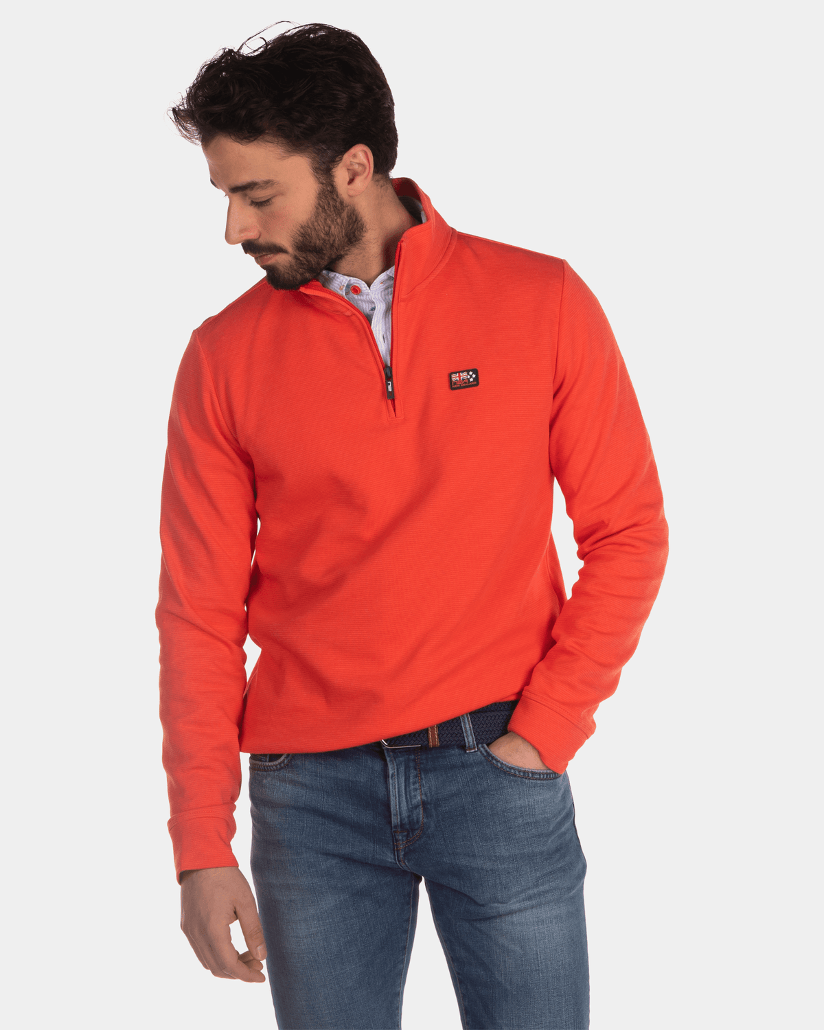 Einfarbiger Sweatshirt mit halbem Reißverschluss - Orange Red