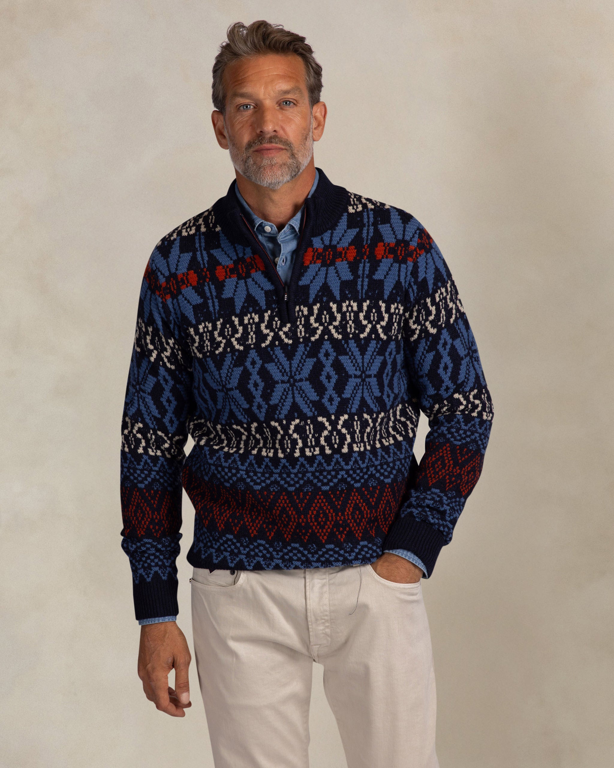 Dunkelblauer wollener Quarter-Zip-Pullover mit Print Dunkelblauer wollener Quarter-Zip-Pullover mit Print