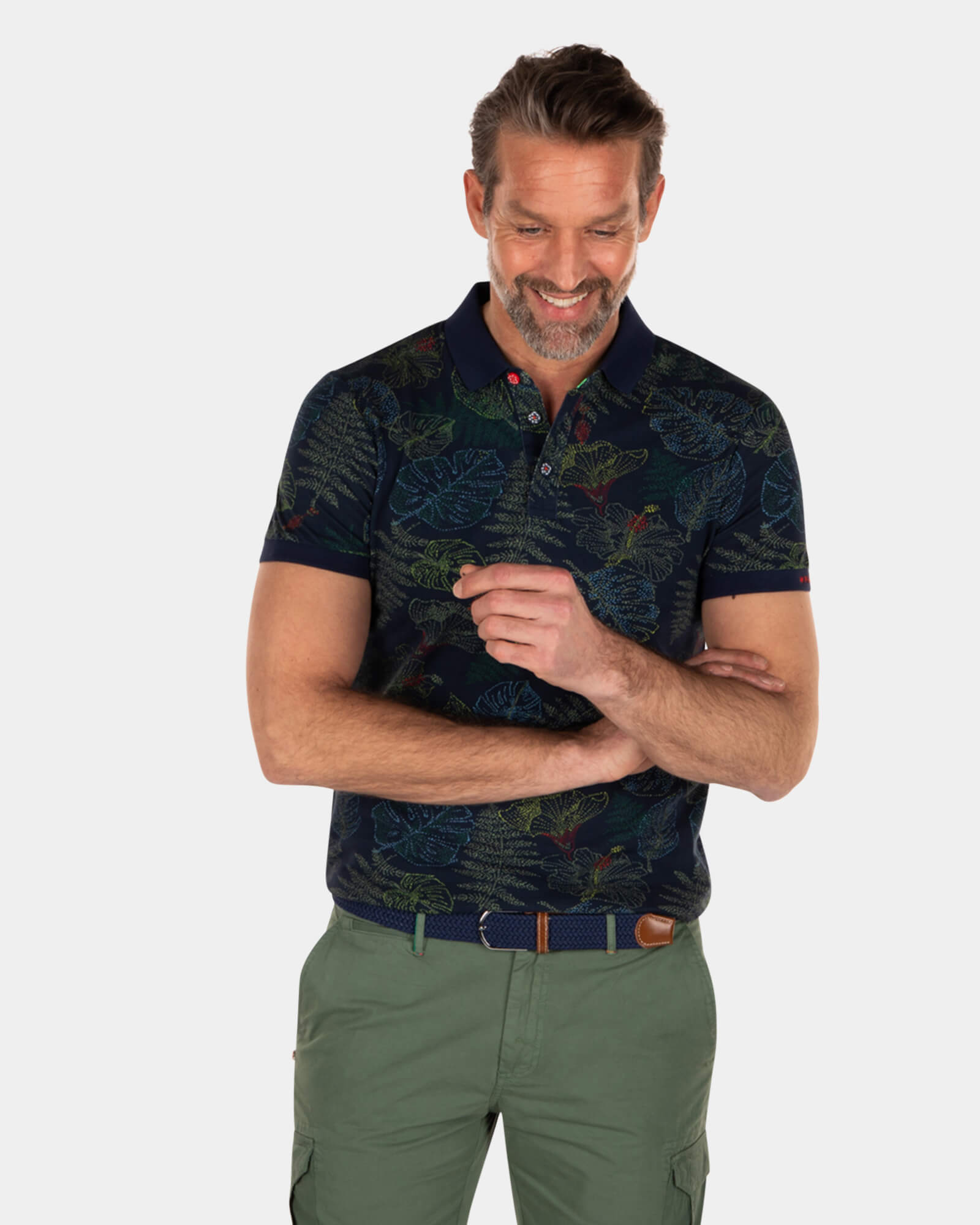 Navy leaf printed polo shirt - Key Navy Navy leaf printed polo shirt - Key Navy