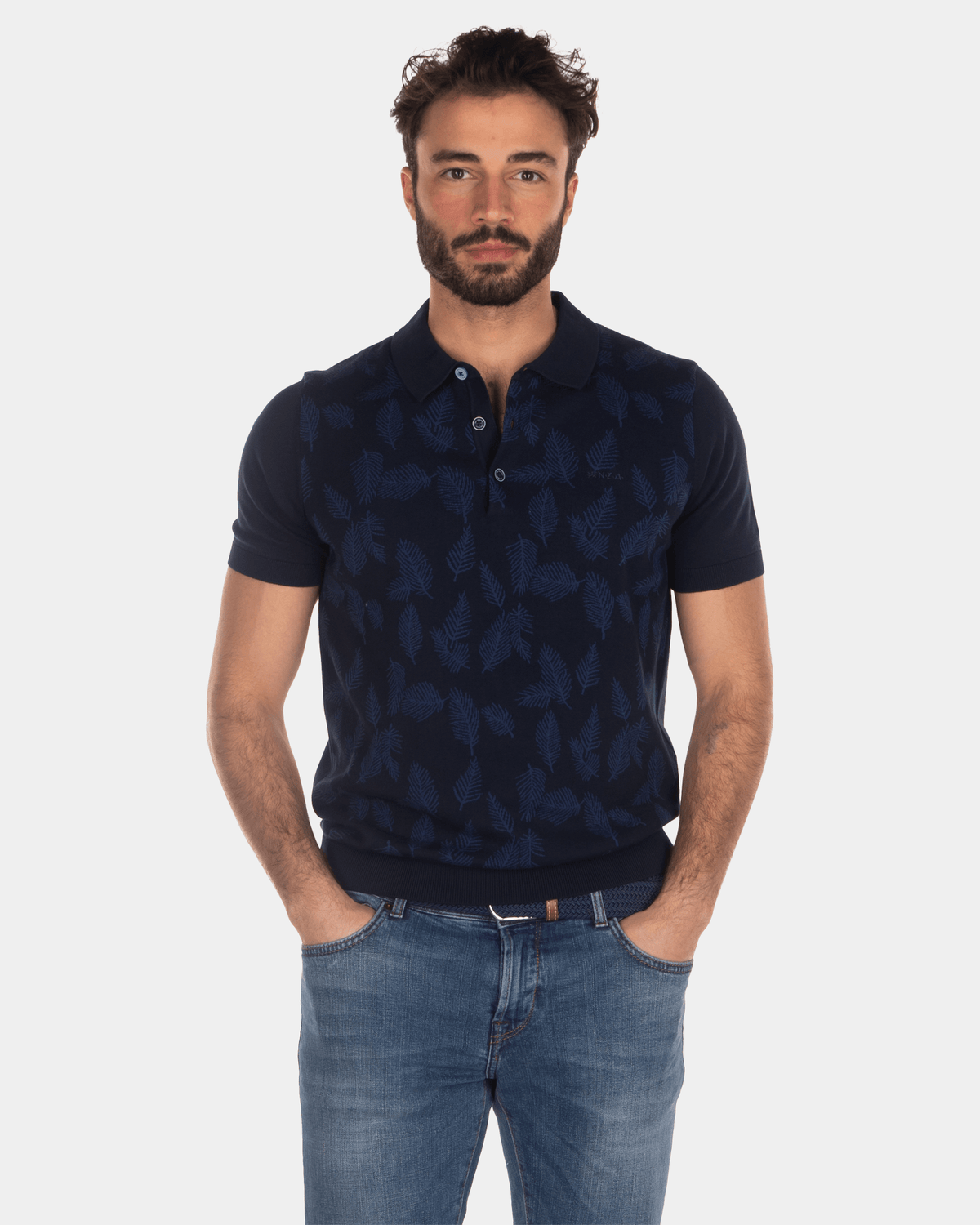 Cotton leaf print polo shirt dark blue - Industrial Navy