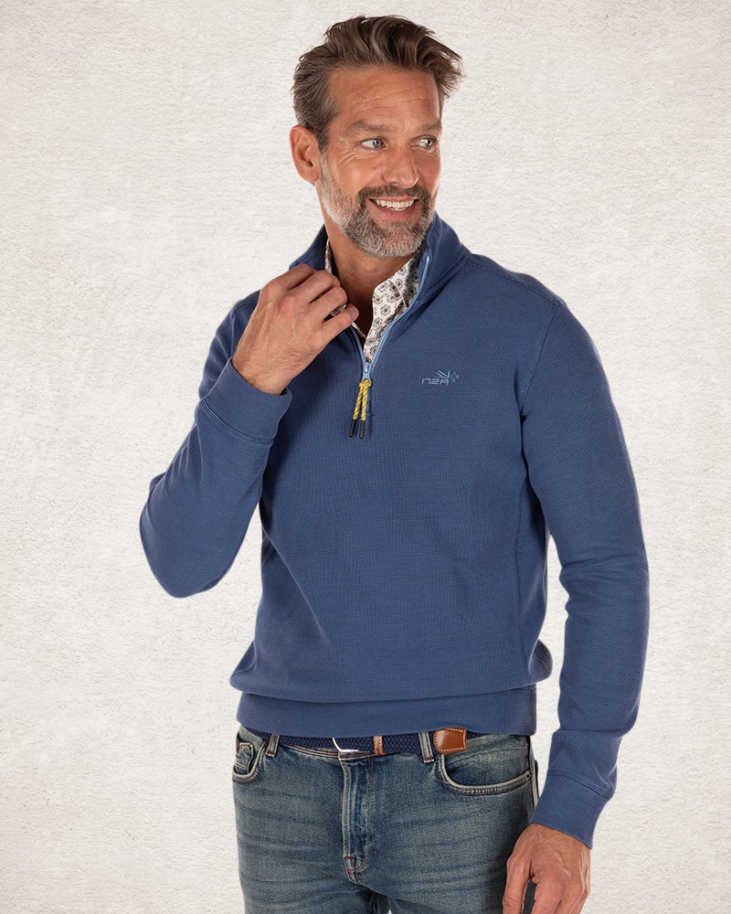 Plain half-zip sweater from cotton lead blue