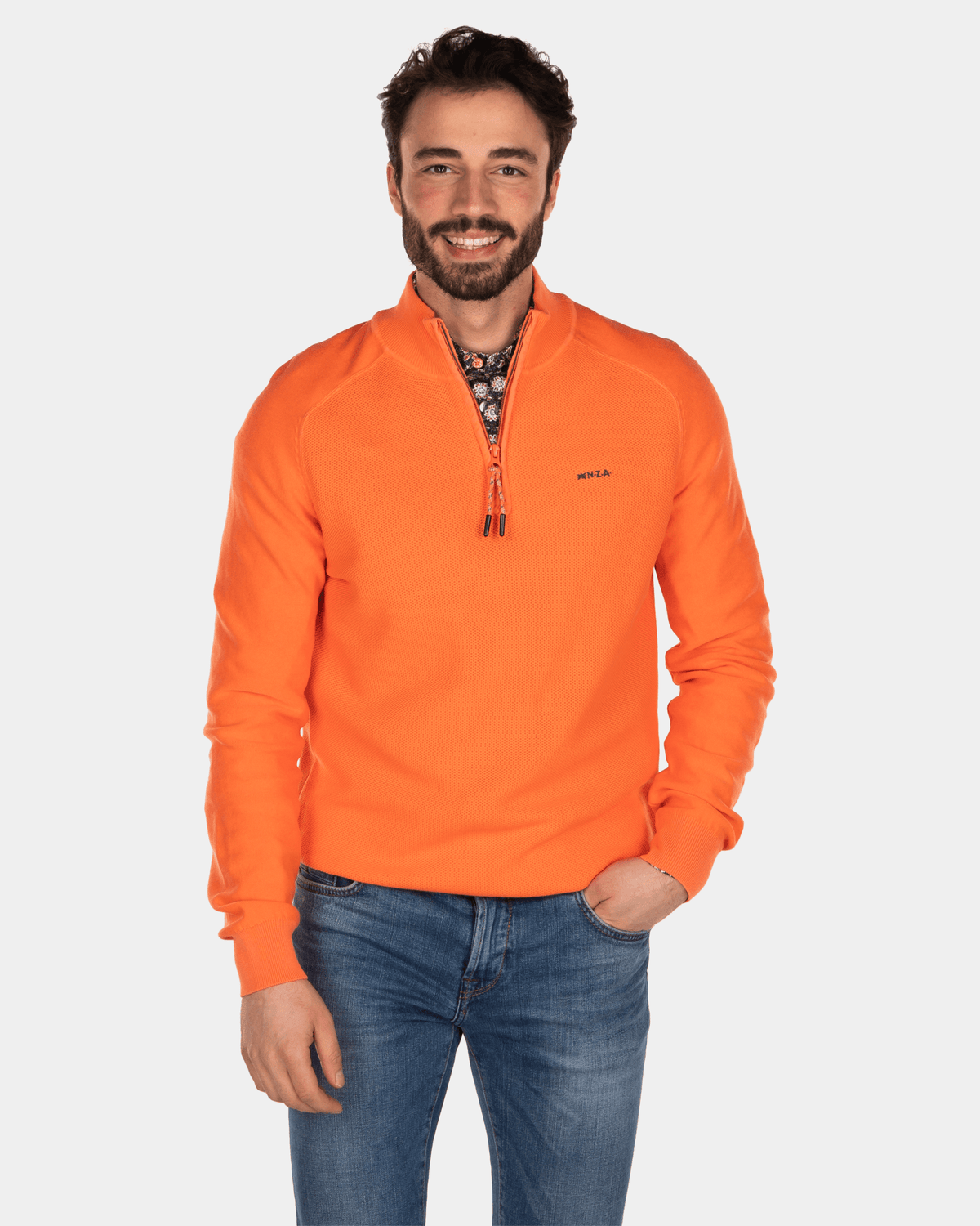 Einfarbiger Pullover mit halbem Reißverschluss aus Baumwolle - Burned Orange