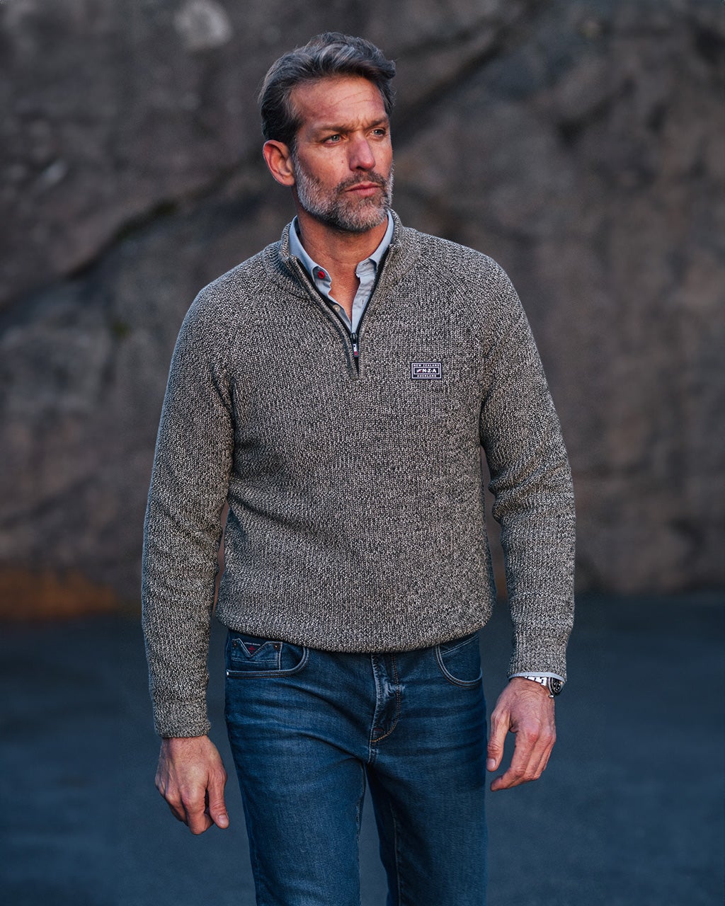 Dark green cotton sweater with half-zip - Gravel Green Dark green cotton sweater with half-zip - Gravel Green