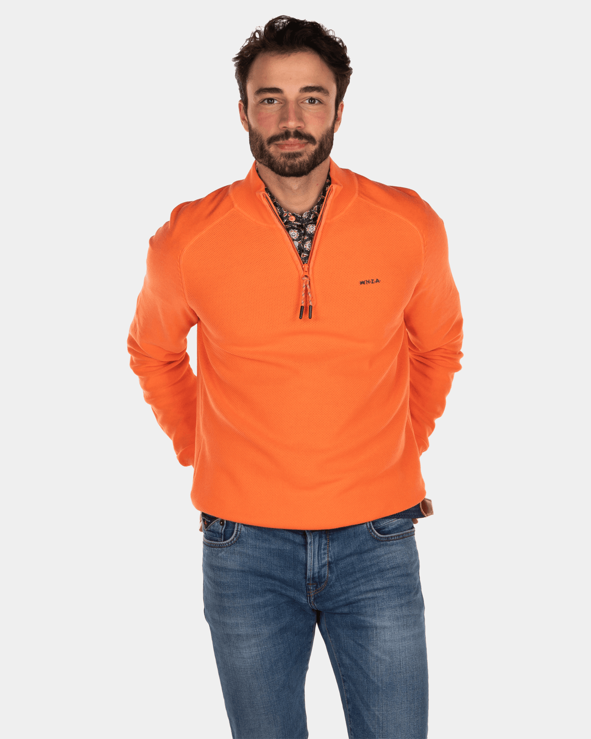Einfarbiger Pullover mit halbem Reißverschluss aus Baumwolle - Burned Orange