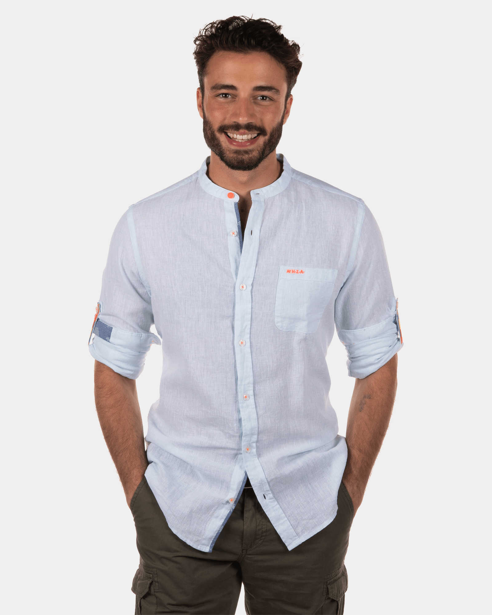 Chemise en lin sans col Hatoananga - Lagune Blue Chemise en lin sans col Hatoananga - Lagune Blue
