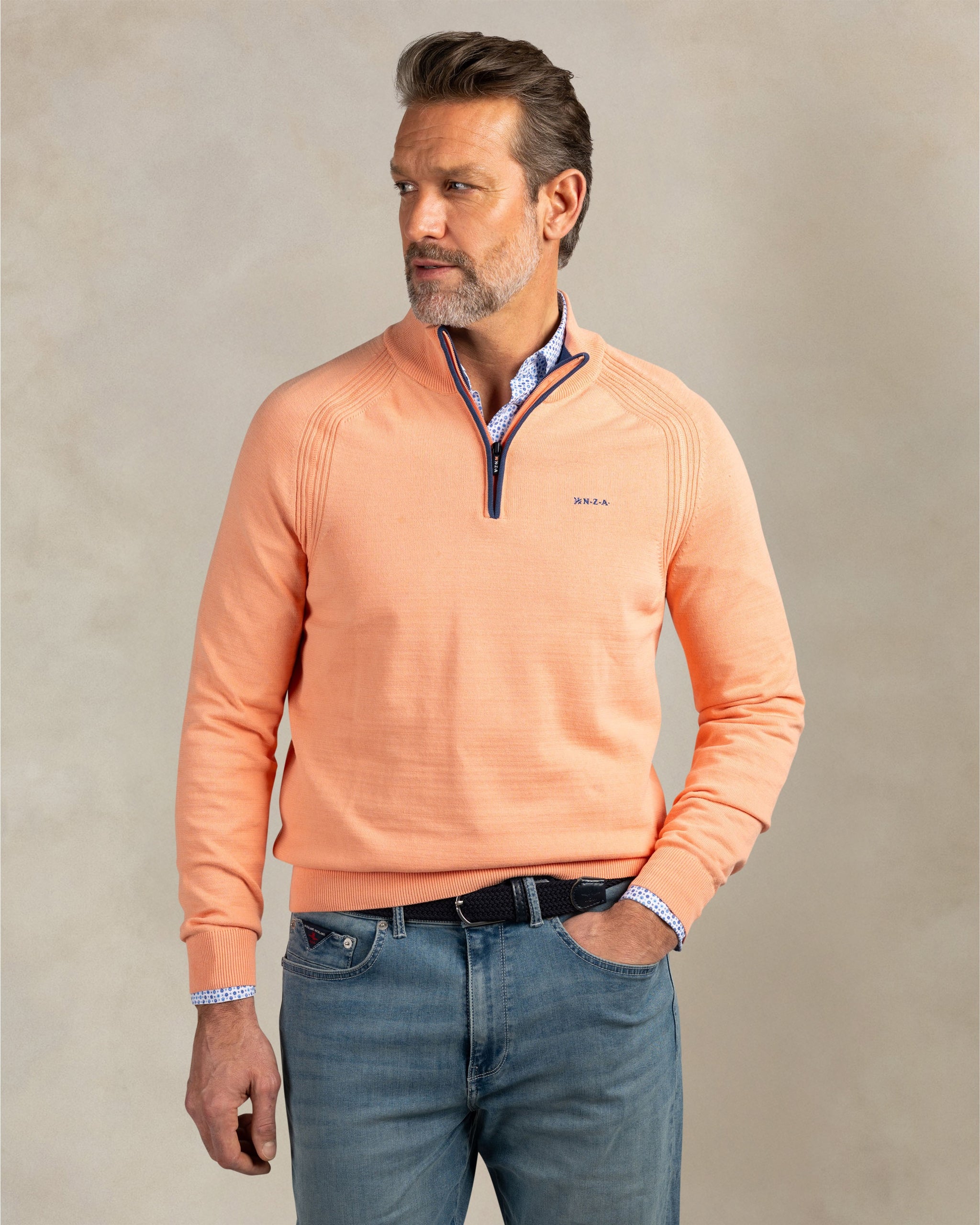 Koraal oranje katoenen quarter zip trui Koraal oranje katoenen quarter zip trui