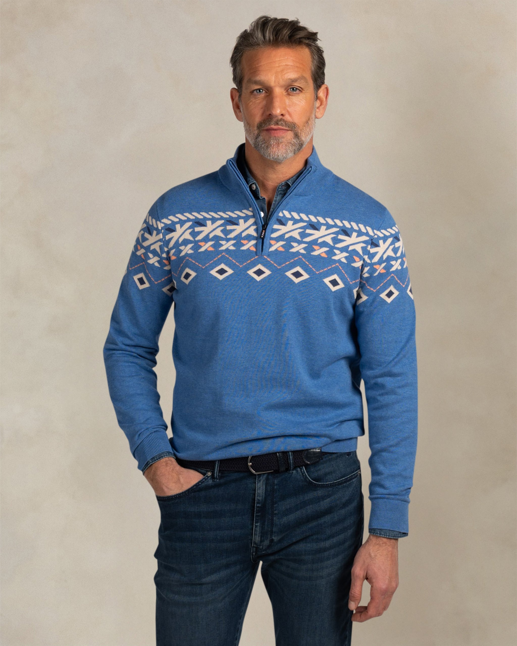 Blauwe katoenen quarter zip trui Blauwe katoenen quarter zip trui