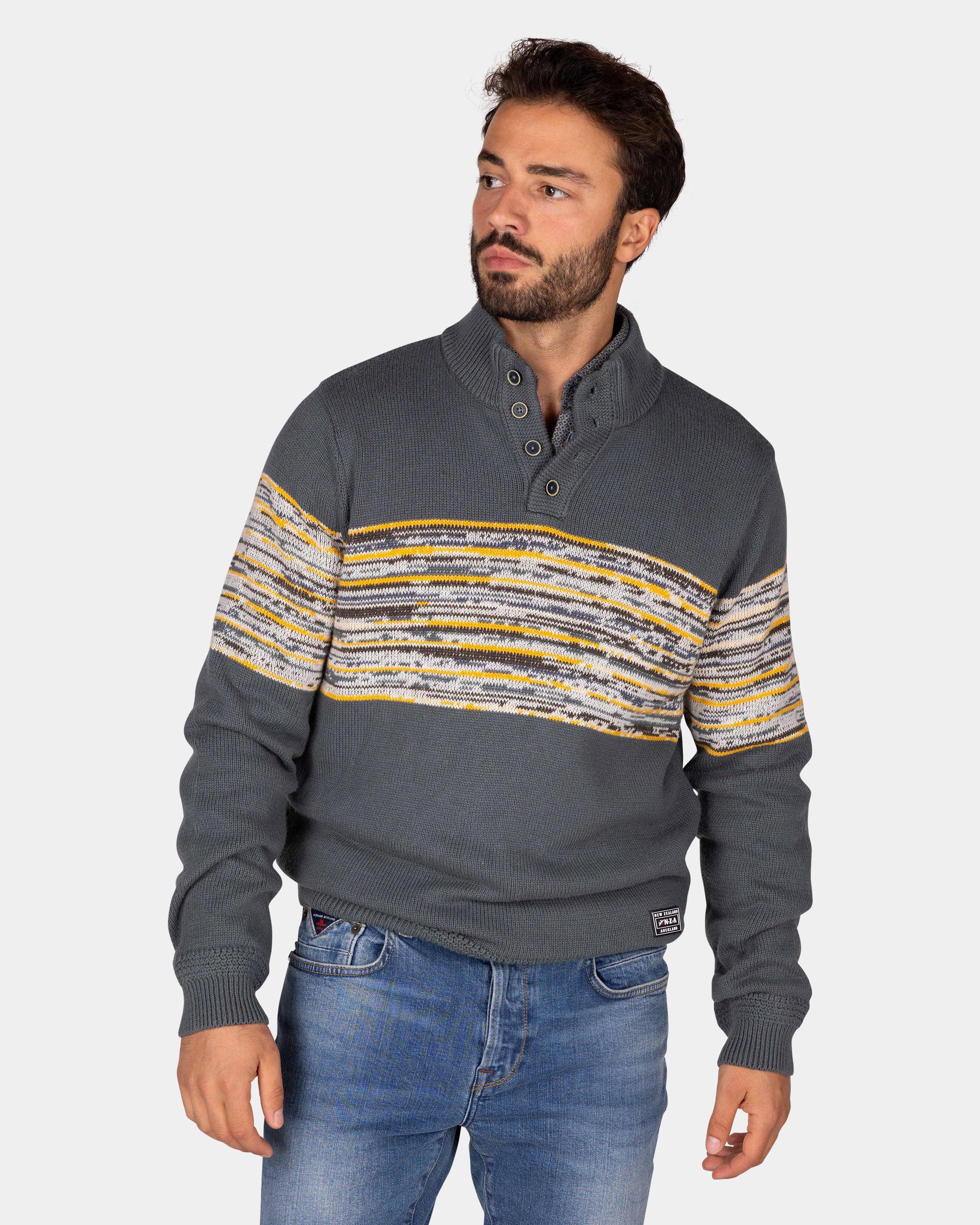 Suéter de algodón gris con estampado negro y amarillo - Ash Grey Suéter de algodón gris con estampado negro y amarillo - Ash Grey