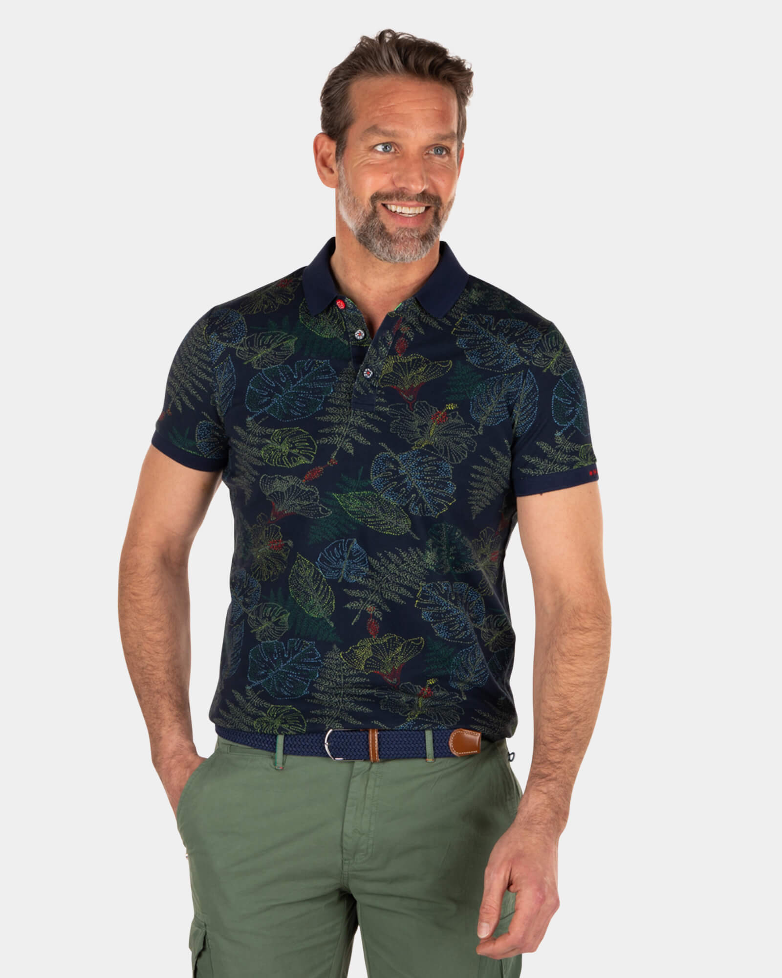 Navy leaf printed polo shirt - Key Navy Navy leaf printed polo shirt - Key Navy
